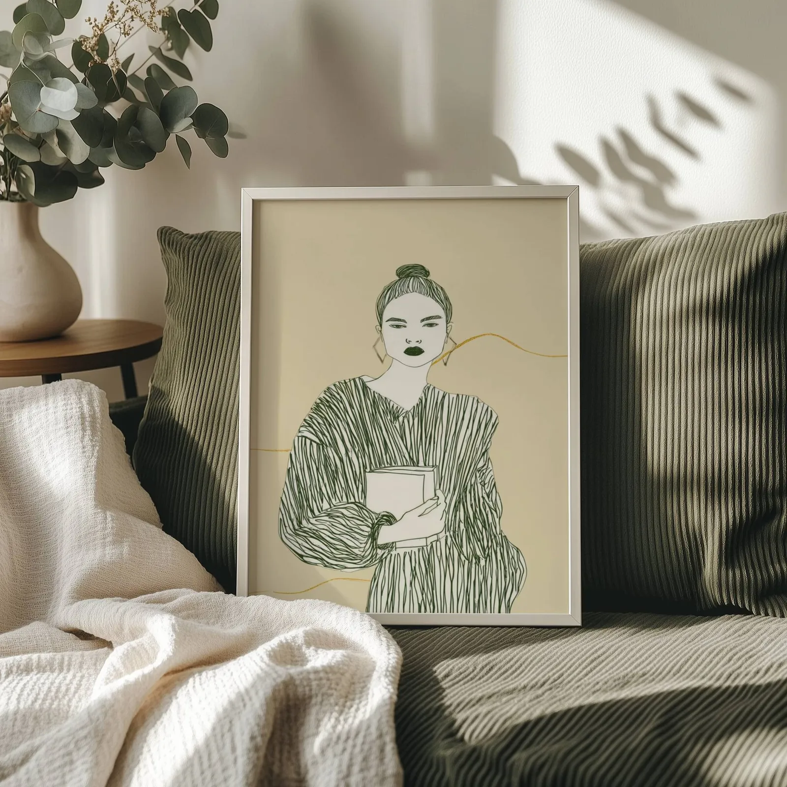 beige green modern woman reading wall art, propped on an olive corduroy sofa beside a eucalyptus vase