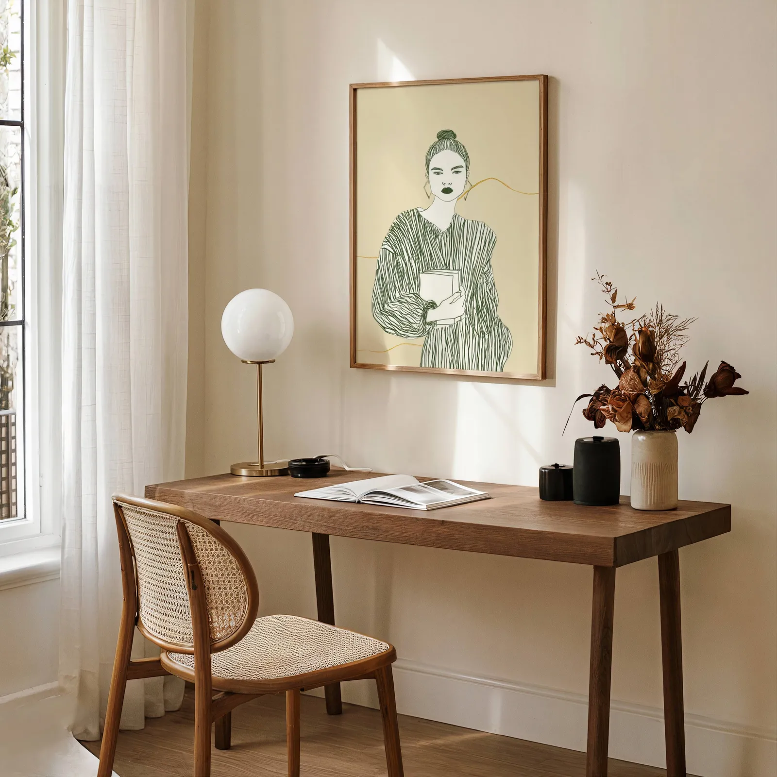 beige green modern woman reading wall art, above a wooden desk with a globe lamp and dried flowers