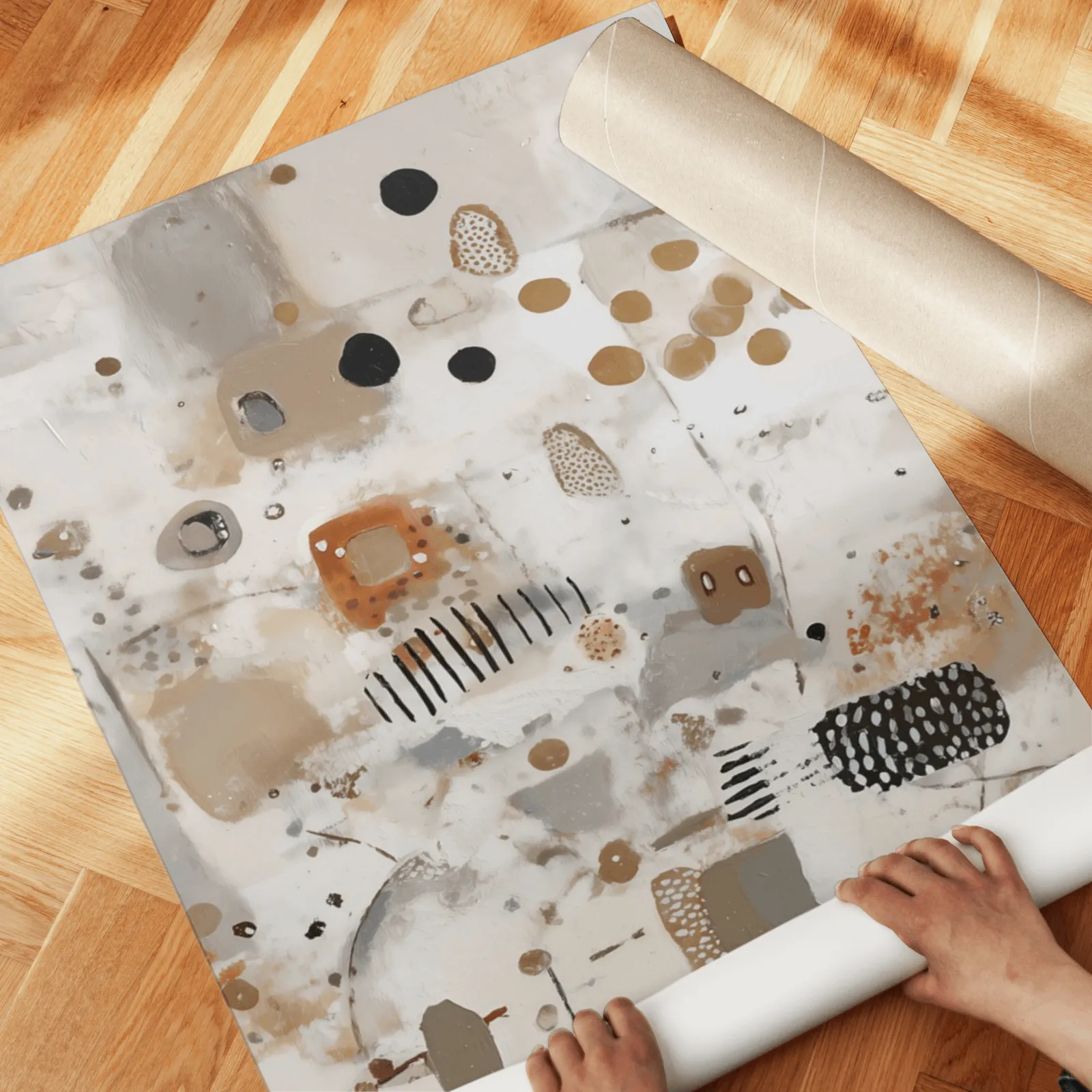terracotta and grey abstract wall art set of 2, unrolled across a herringbone parquet floor by hand