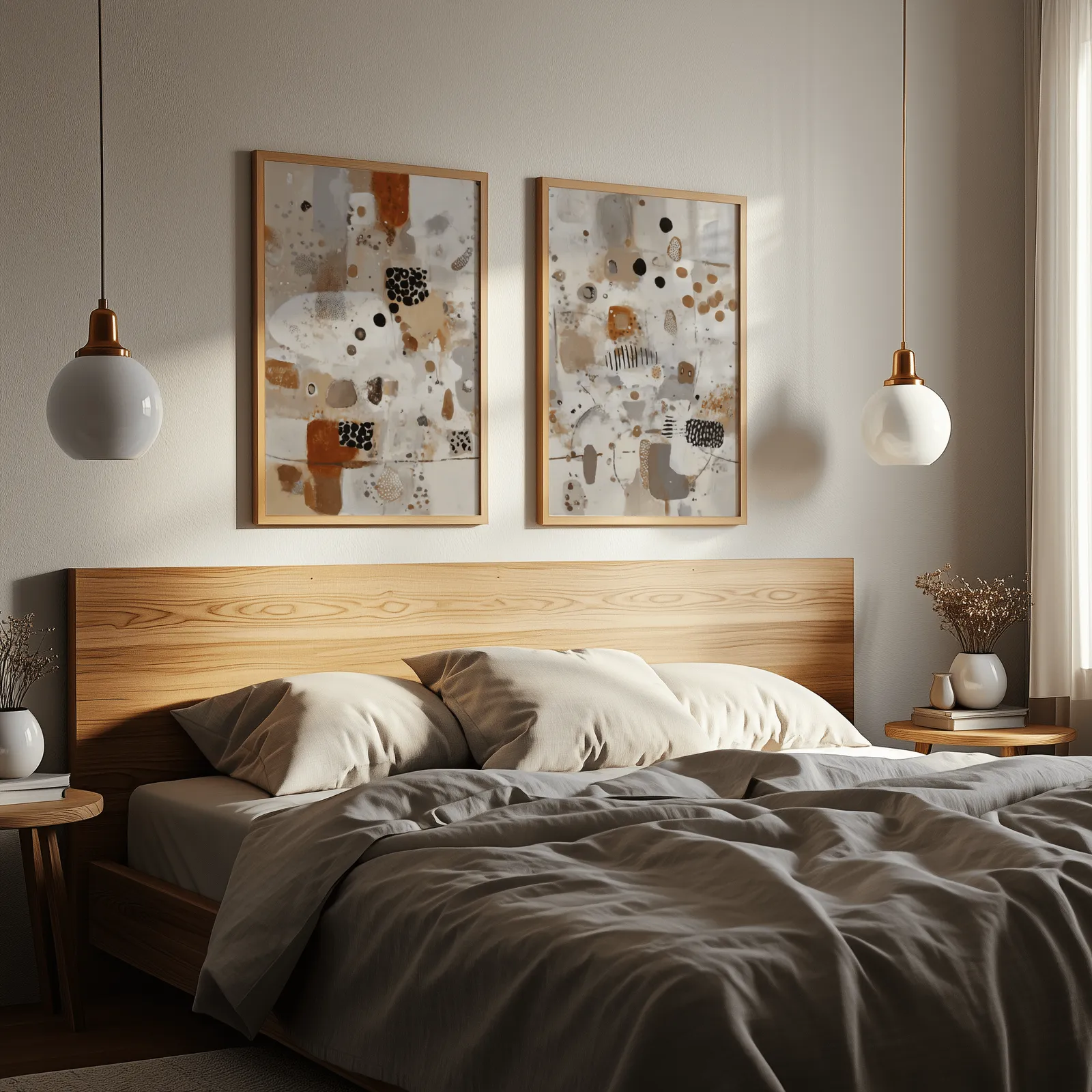 terracotta and grey abstract wall art set of 2, above a wooden headboard flanked by globe pendant lights