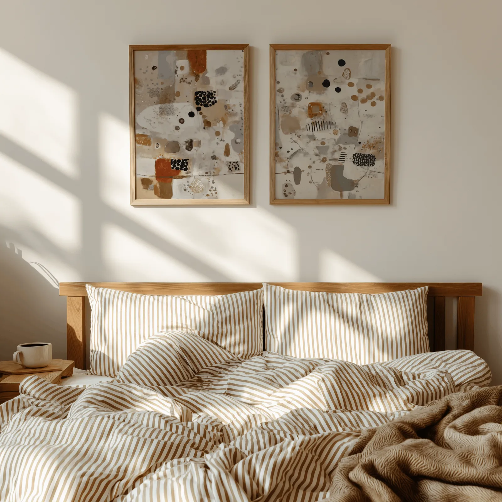 terracotta and grey abstract wall art set of 2, above a wooden headboard with striped bedding and raking sunlight