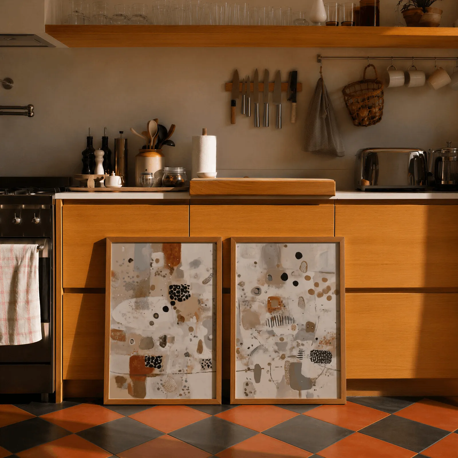 terracotta and grey abstract wall art set of 2, leaning against wooden cabinets on terracotta tiled floor