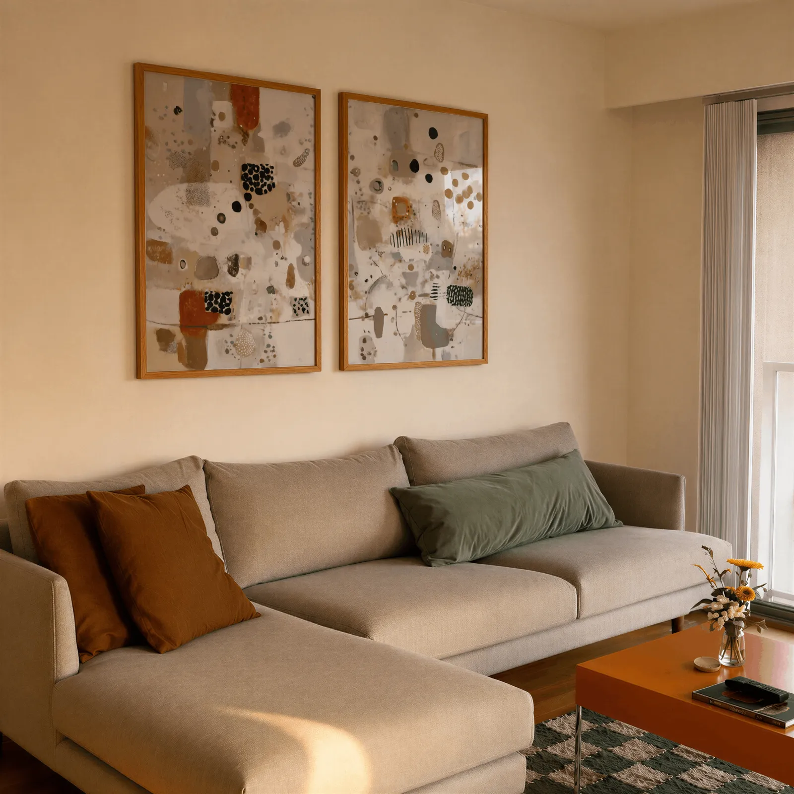 terracotta and grey abstract wall art set of 2, side by side above a beige sectional sofa