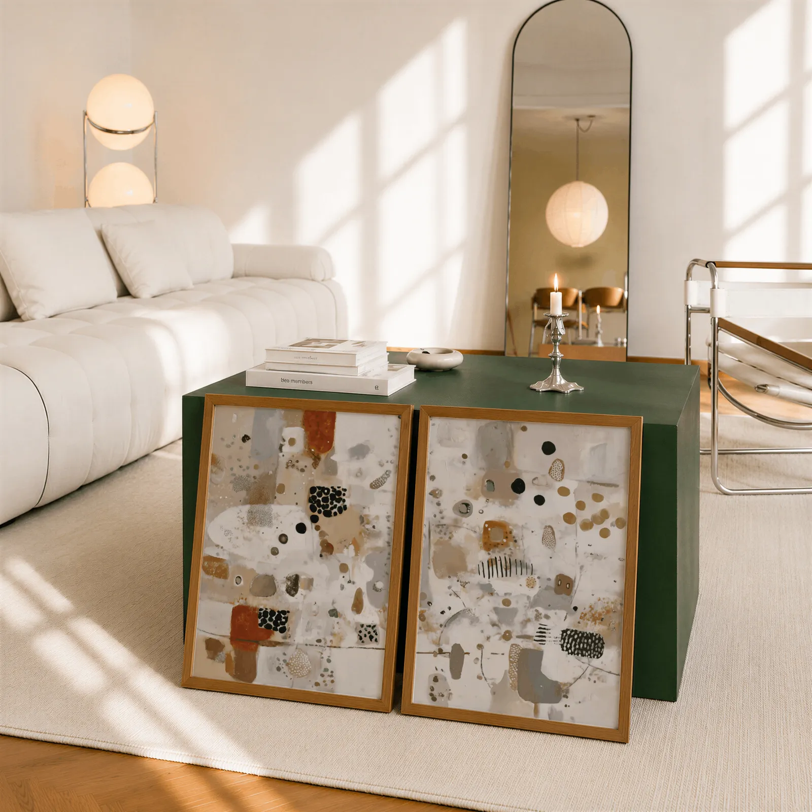 terracotta and grey abstract wall art set of 2, leaning against a dark green cube table beside an arched mirror