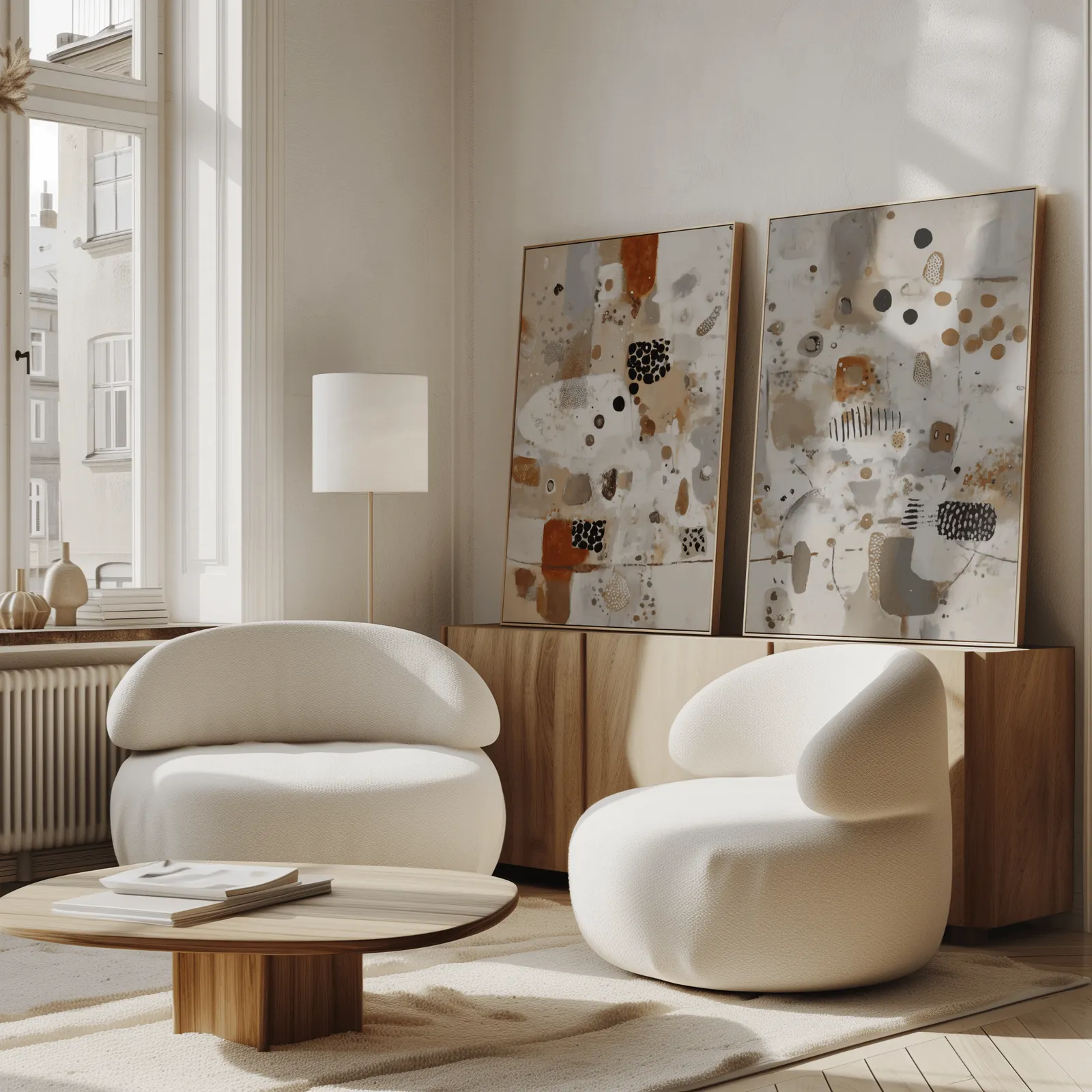 terracotta and grey abstract wall art set of 2, propped against a wooden sideboard beside boucle armchairs