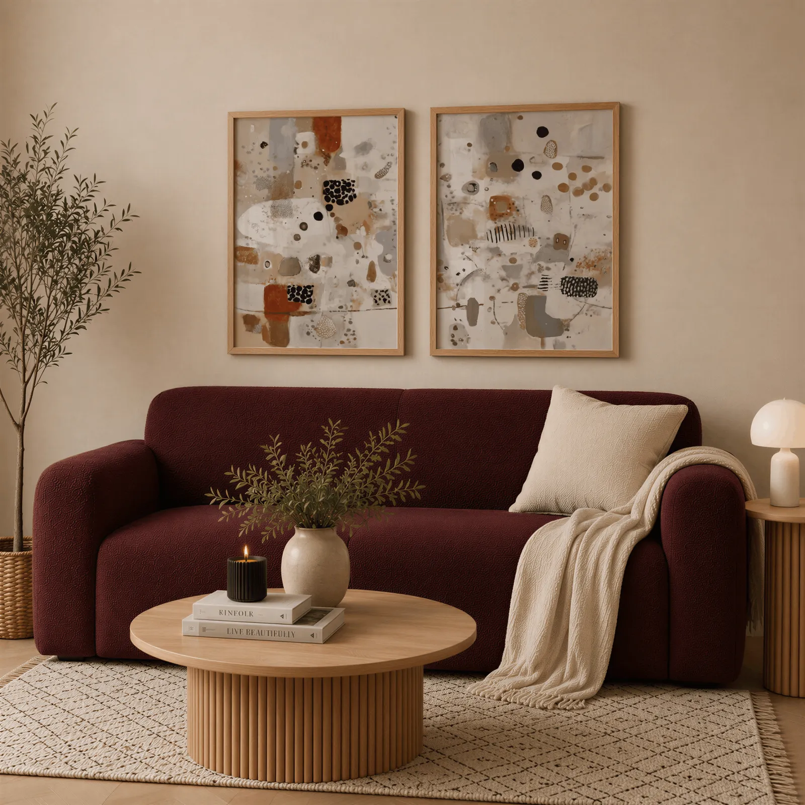 terracotta and grey abstract wall art set of 2, above a deep burgundy boucle sofa with cream throw