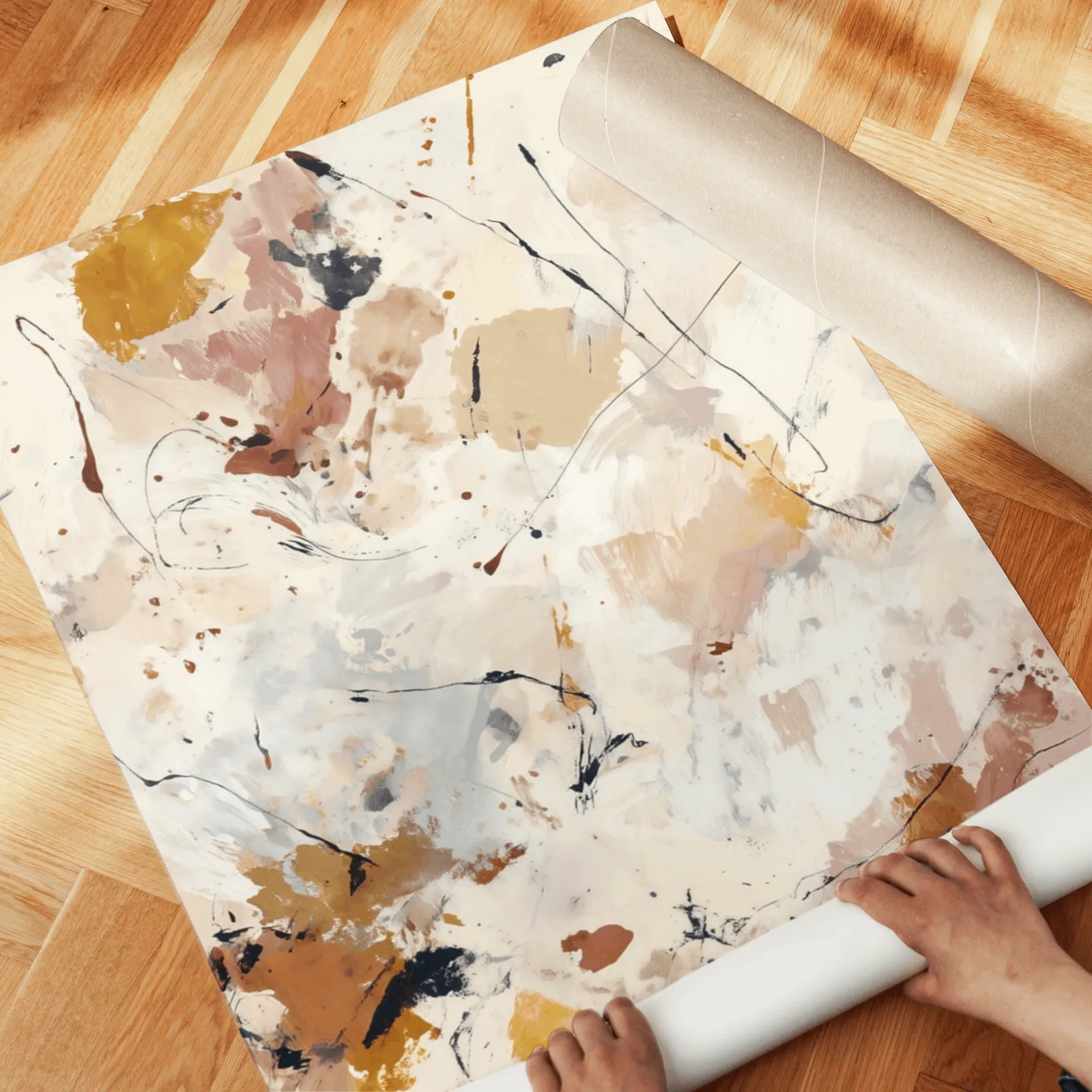 abstract neutral wall art set of 3 in terracotta and grey, unrolled across a herringbone wood floor by hand