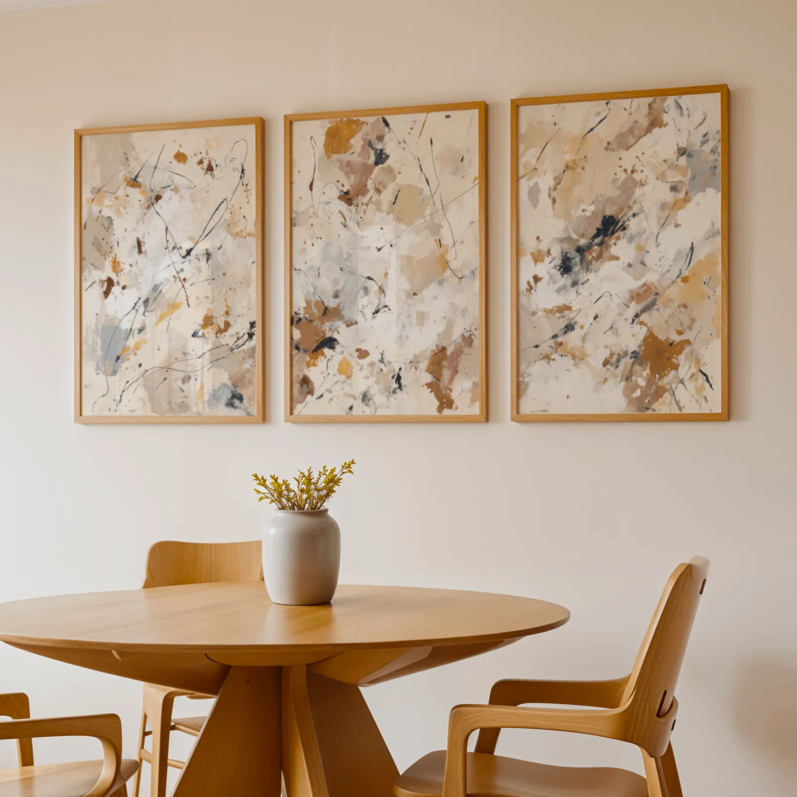 abstract neutral wall art set of 3 in terracotta and grey, above a round wooden table with a stoneware vase