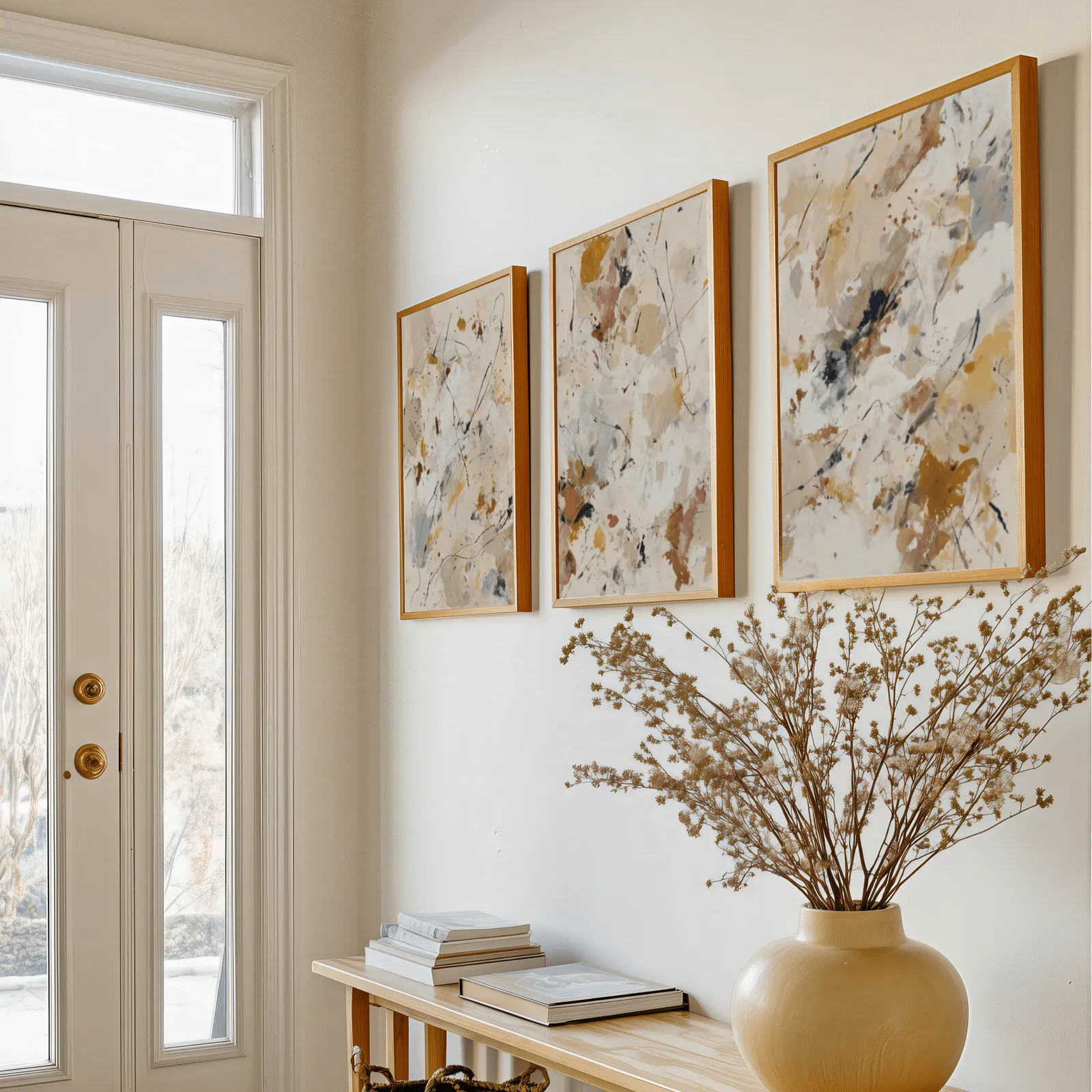 abstract neutral wall art set of 3 in terracotta and grey, above a console table with a yellow vase of dried branches