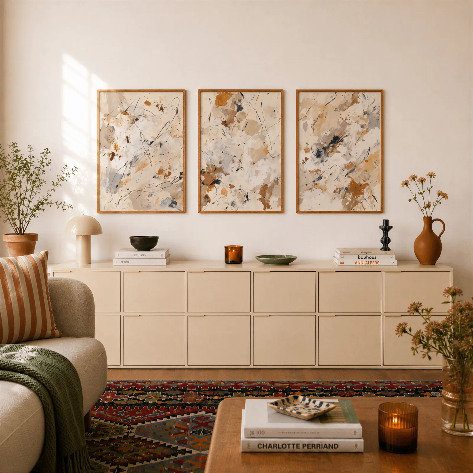 abstract neutral wall art set of 3 in terracotta and grey, above a long cream sideboard topped with books and a terracotta jug