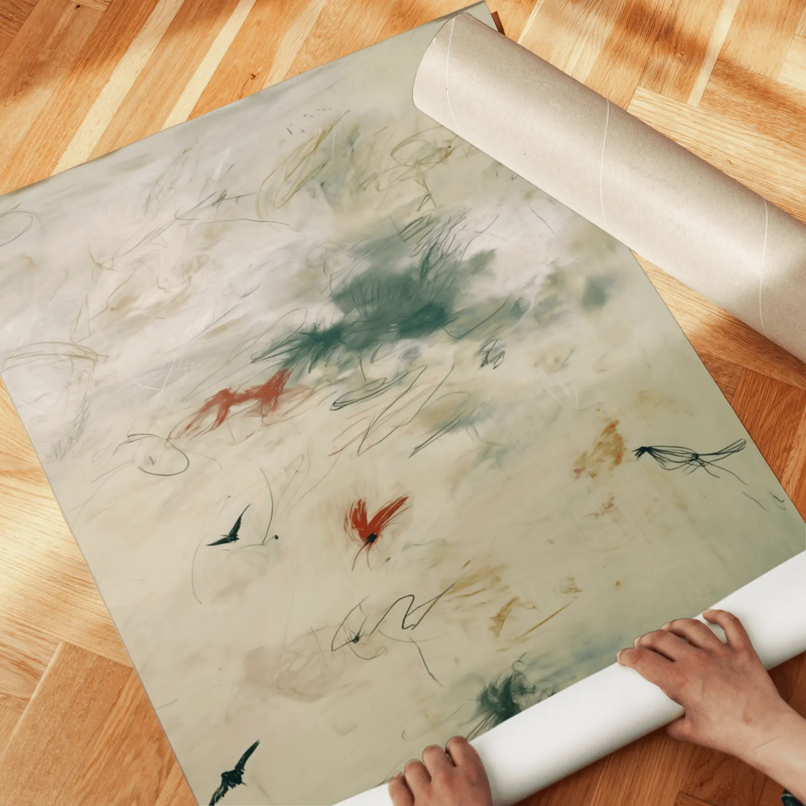 abstract bird wall art set in green and terracotta, unrolled across a herringbone parquet floor by hand