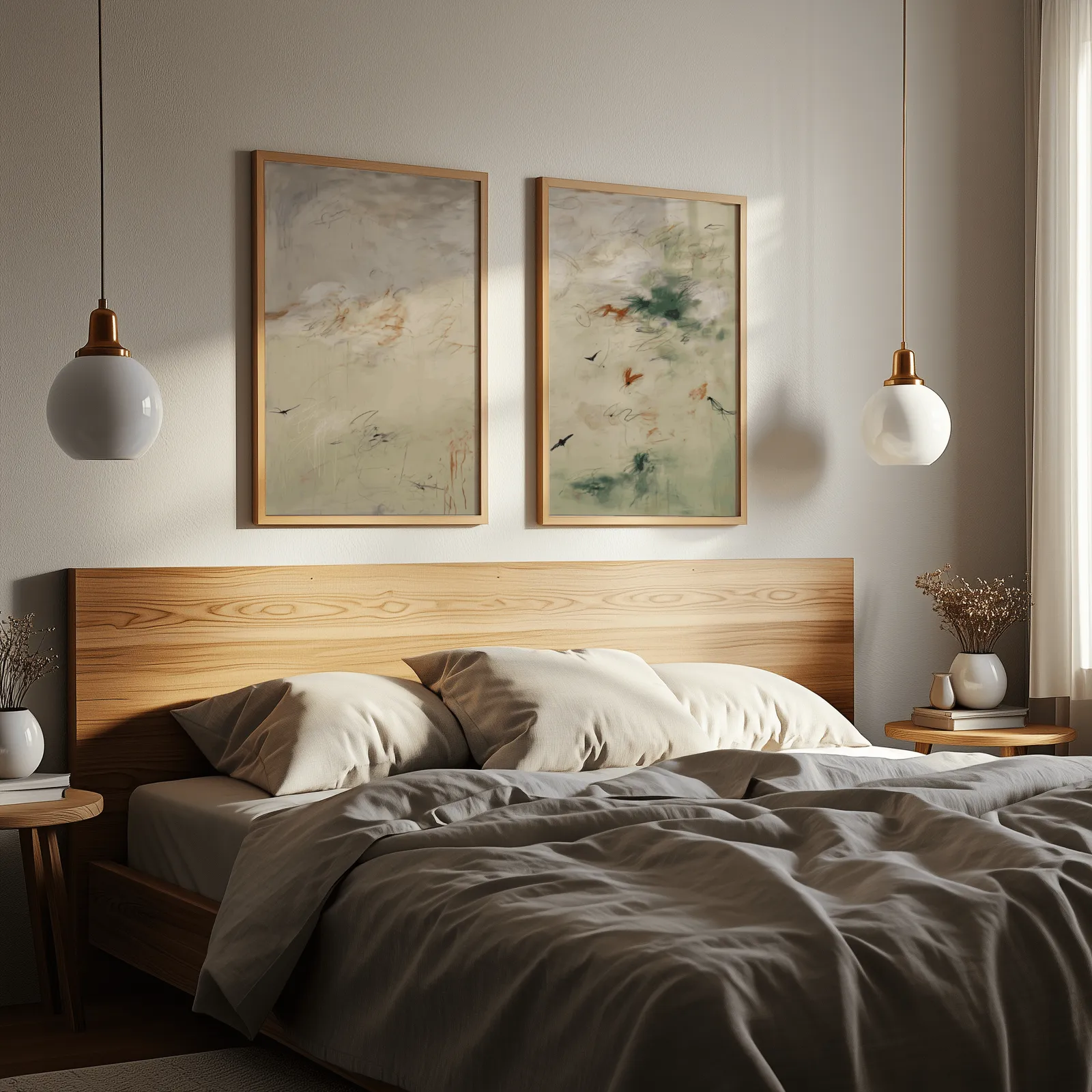 abstract bird wall art set in green and terracotta, above a wooden headboard flanked by globe pendant lights
