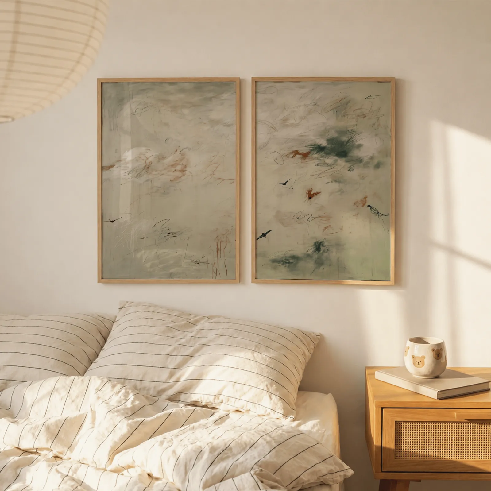 abstract bird wall art set in green and terracotta, above a striped linen bed beside a paper lantern shade