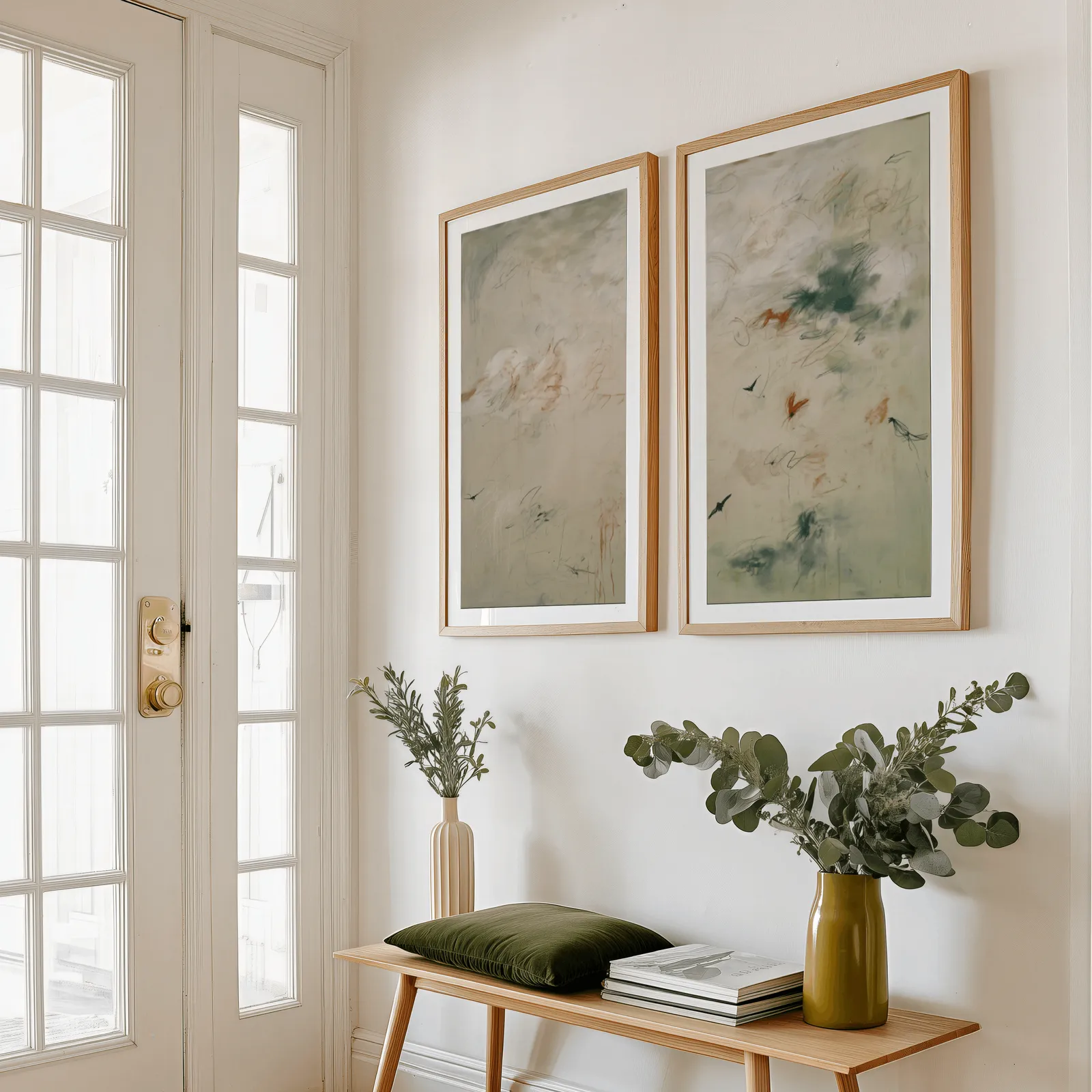 abstract bird wall art set in green and terracotta, above a wooden bench with eucalyptus stems and a green cushion