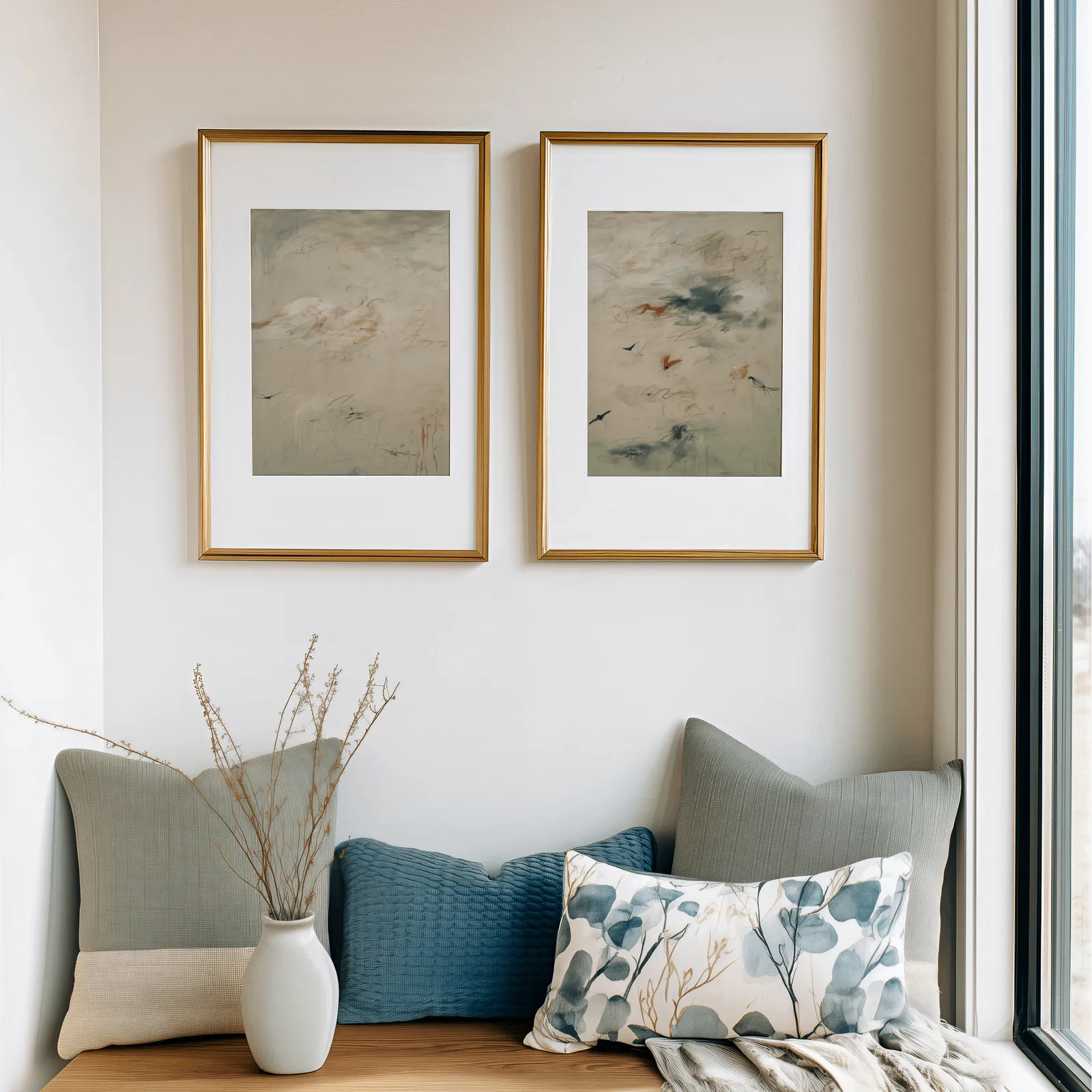 abstract bird wall art set in green and terracotta, above a cushioned window seat with sage and blue pillows