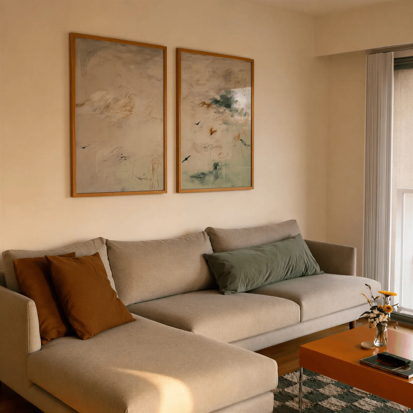 abstract bird wall art set in green and terracotta, side by side above a beige sectional sofa