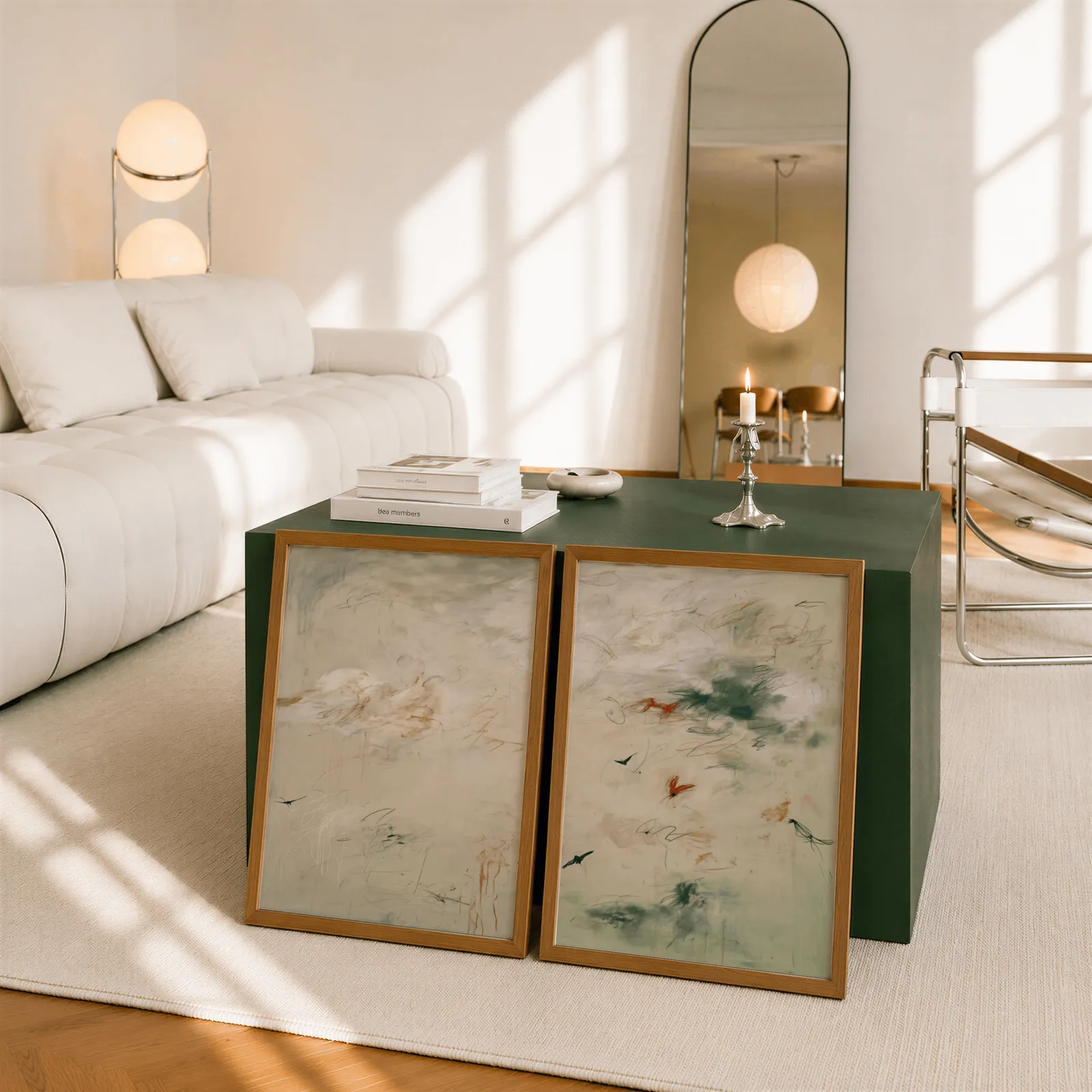 abstract bird wall art set in green and terracotta, leaning against a dark green cube table beside an arched mirror