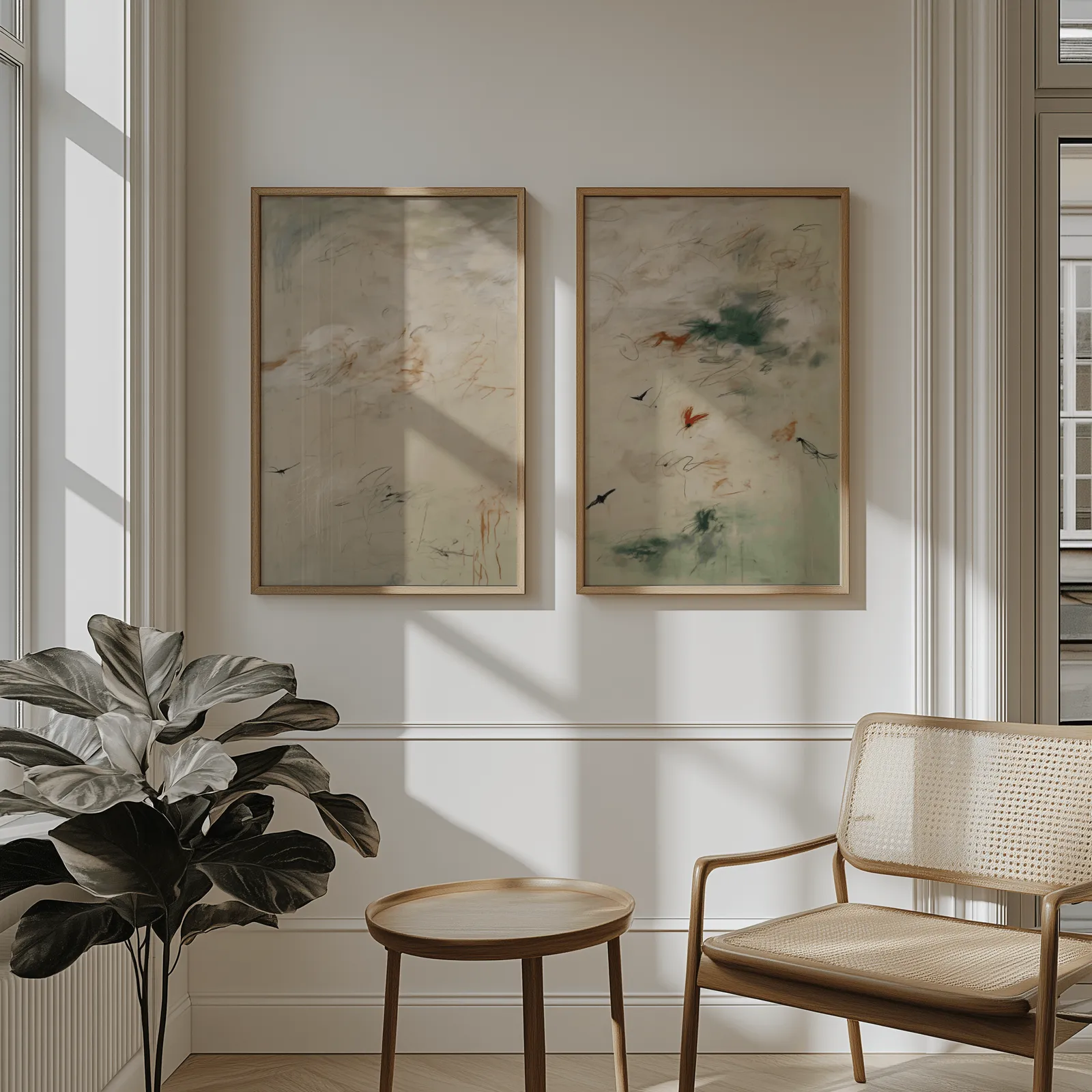 abstract bird wall art set in green and terracotta, above wainscoting beside a cane armchair and fiddle-leaf fig