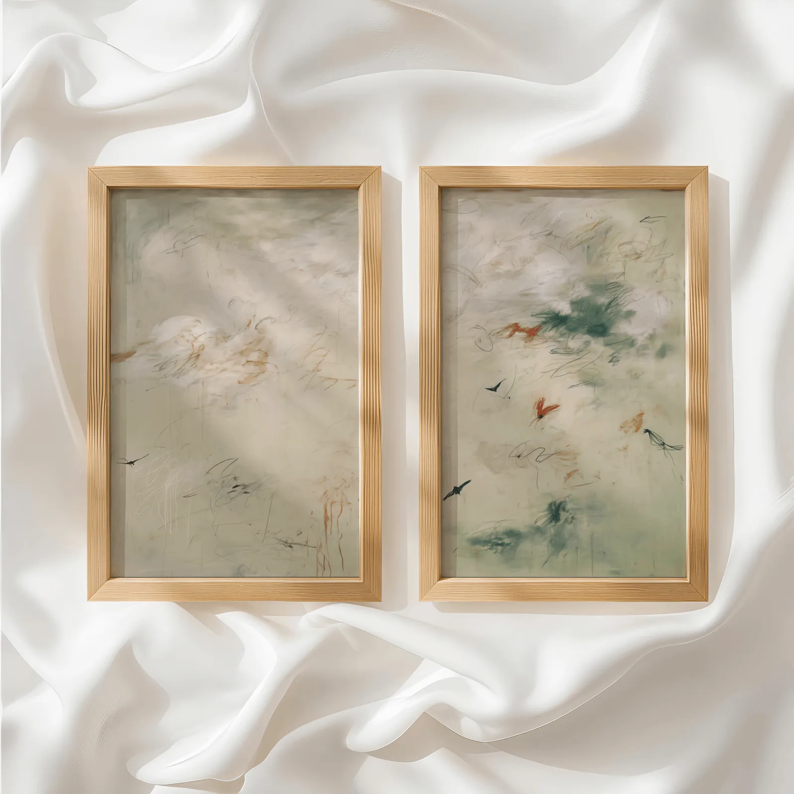 abstract bird wall art set in green and terracotta, side by side atop rumpled white silky fabric