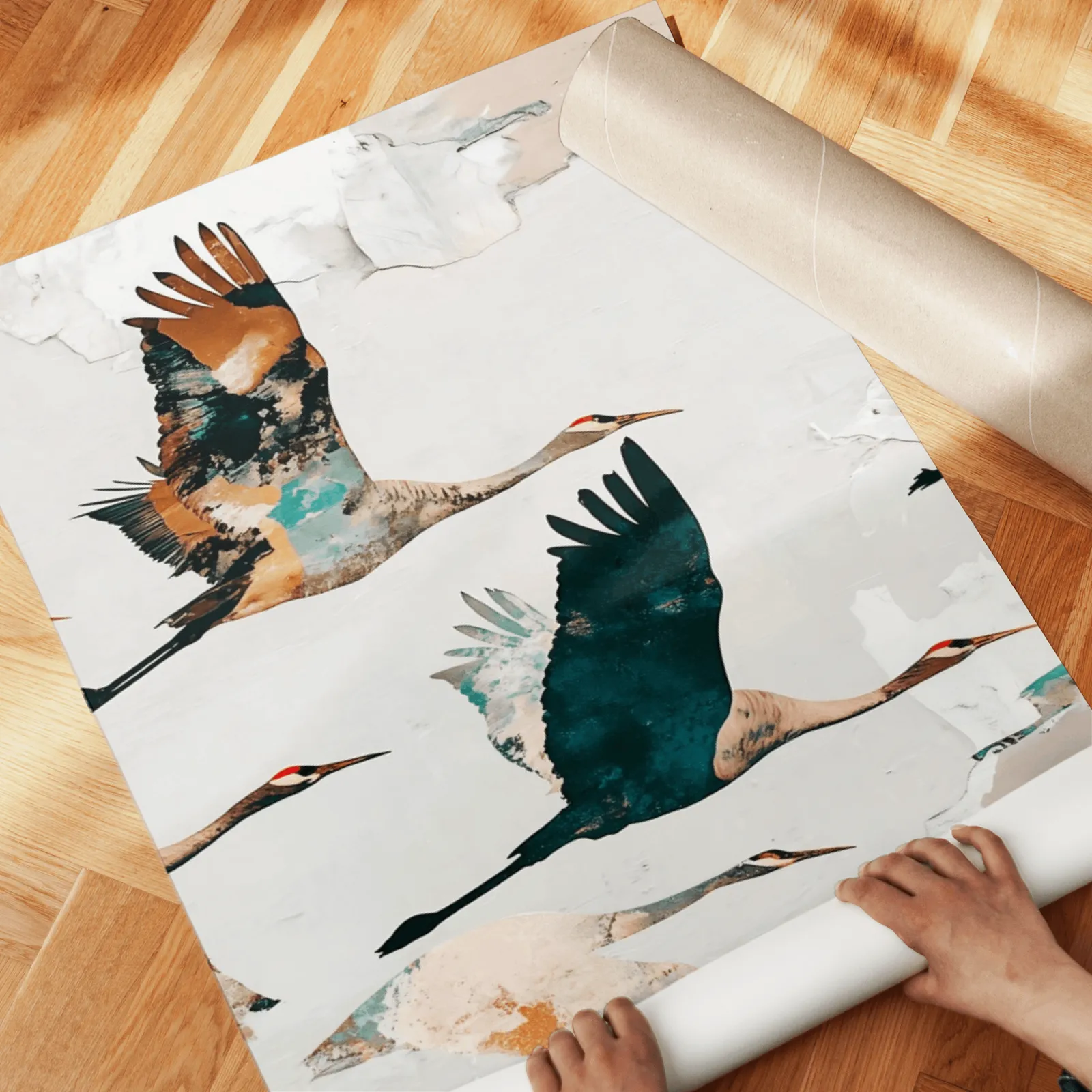 terracotta crane wall art set of two, unrolled across a herringbone parquet floor by hand