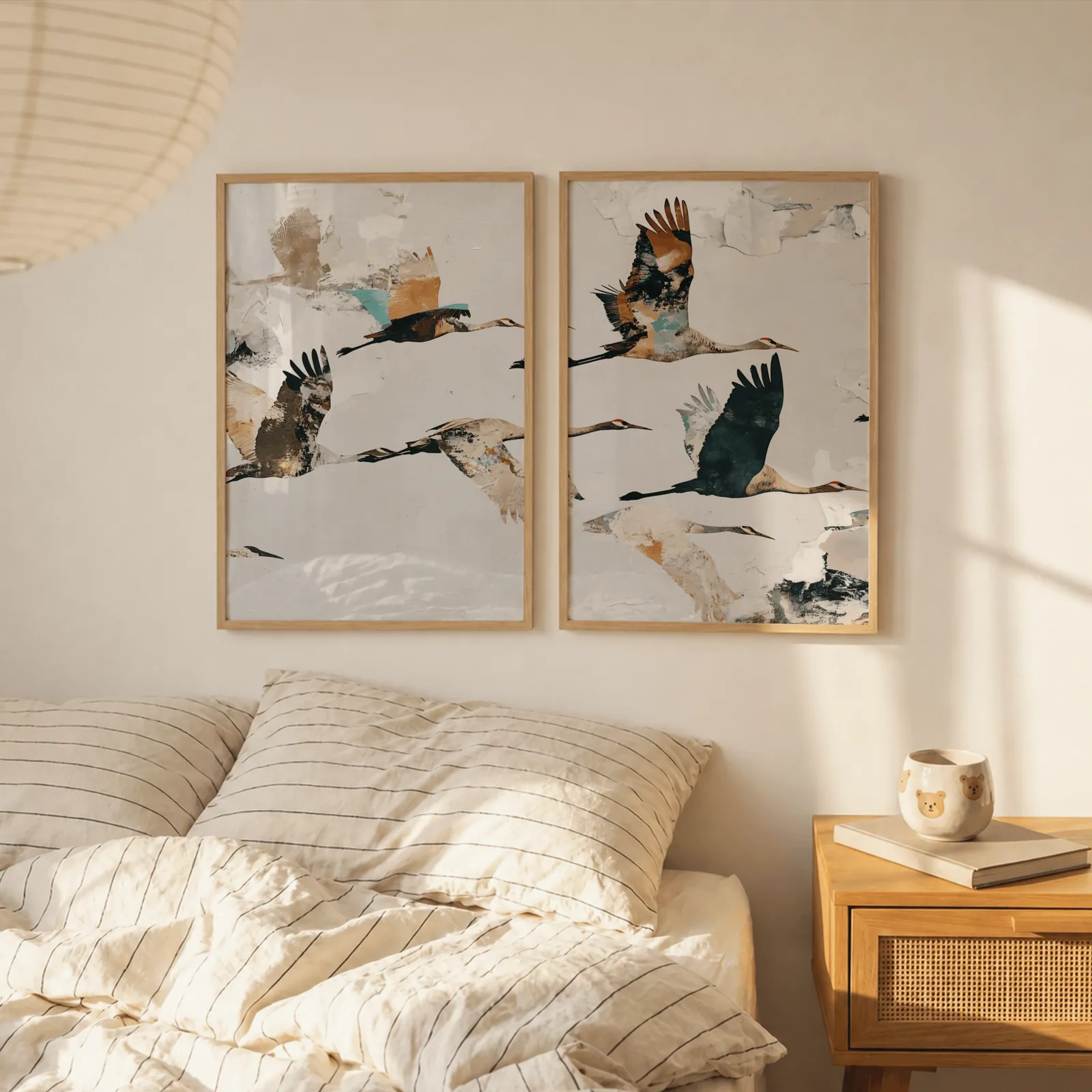 terracotta crane wall art set of two, above a striped linen bed beside a paper lantern shade