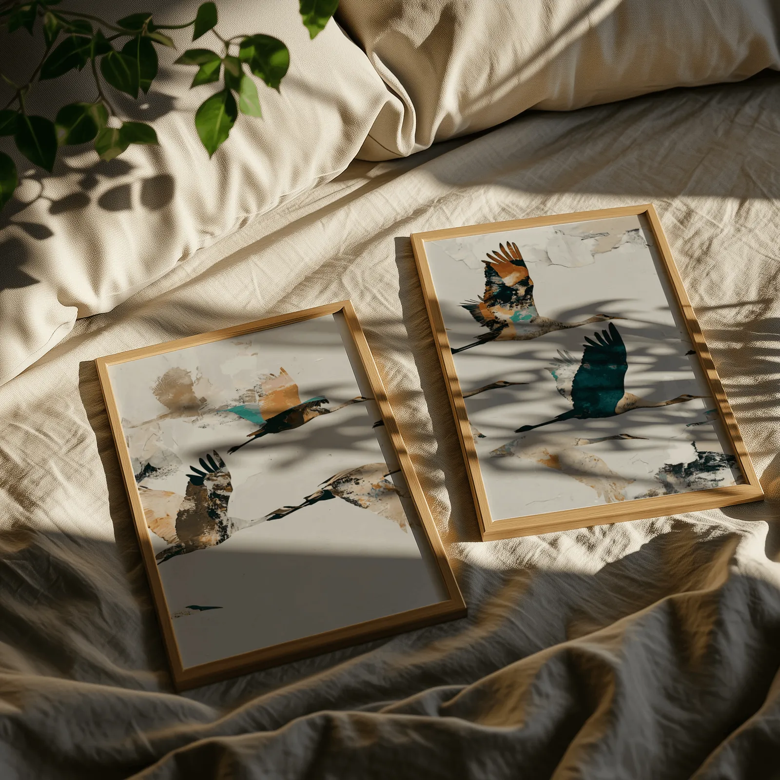 terracotta crane wall art set of two, resting on rumpled linen sheets with dappled leaf shadows