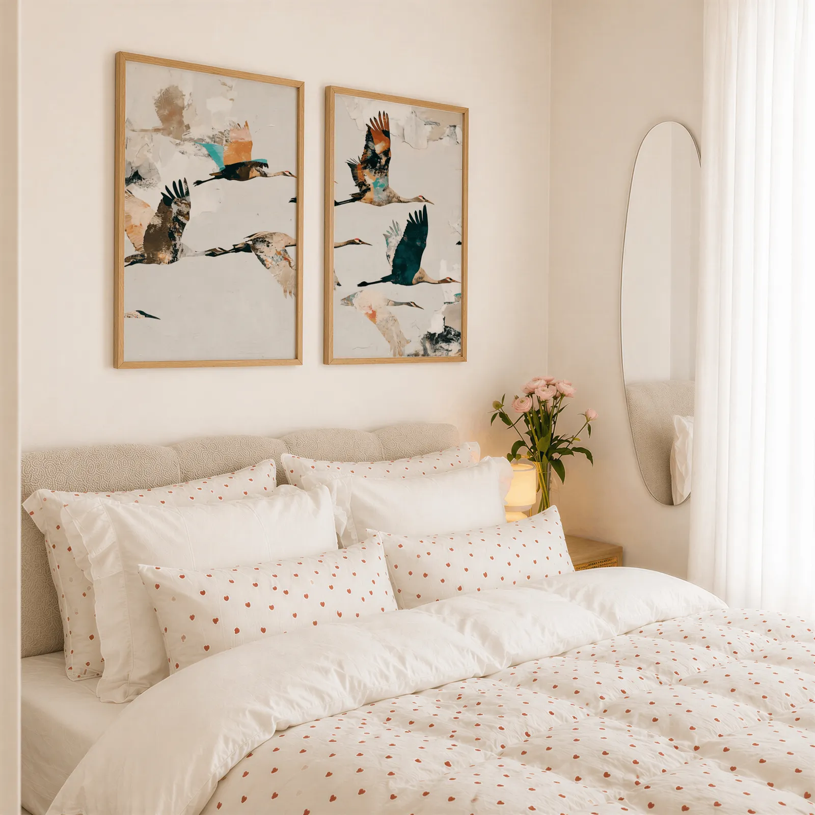 terracotta crane wall art set of two, above a tufted headboard piled with heart-print pillows