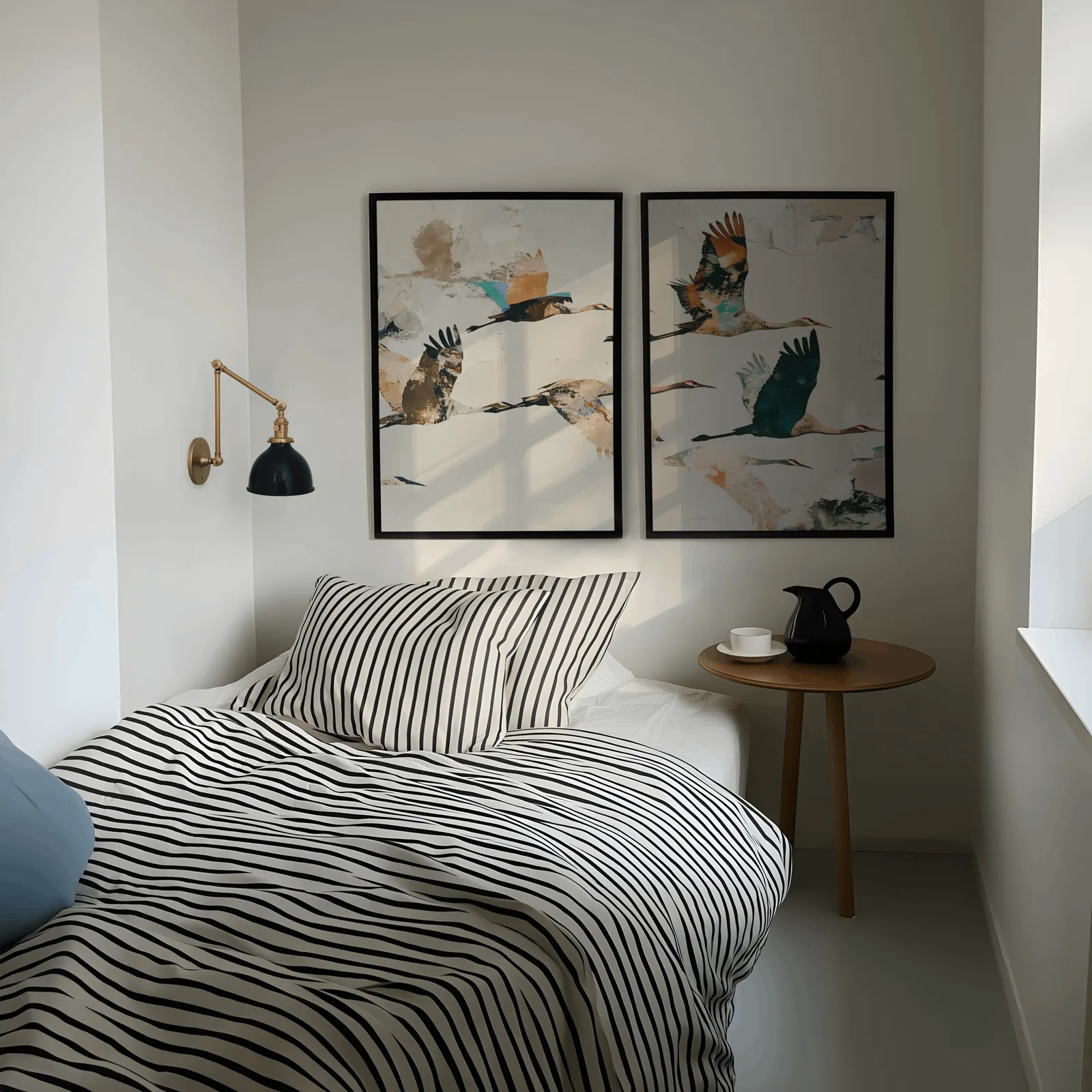 terracotta crane wall art set of two, above a striped bed beside a brass swing-arm lamp