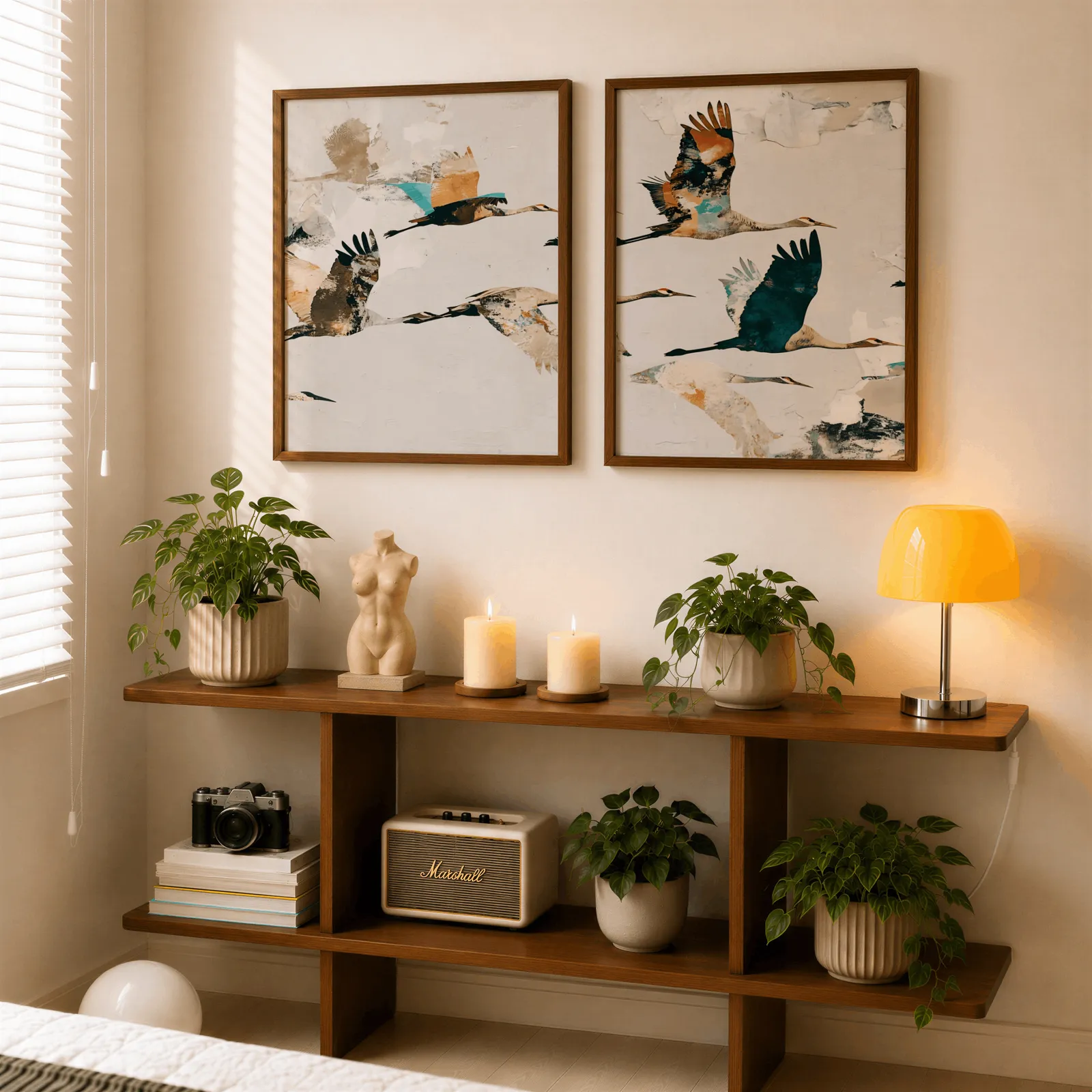 terracotta crane wall art set of two, above a wooden console shelf with potted plants and a yellow lamp