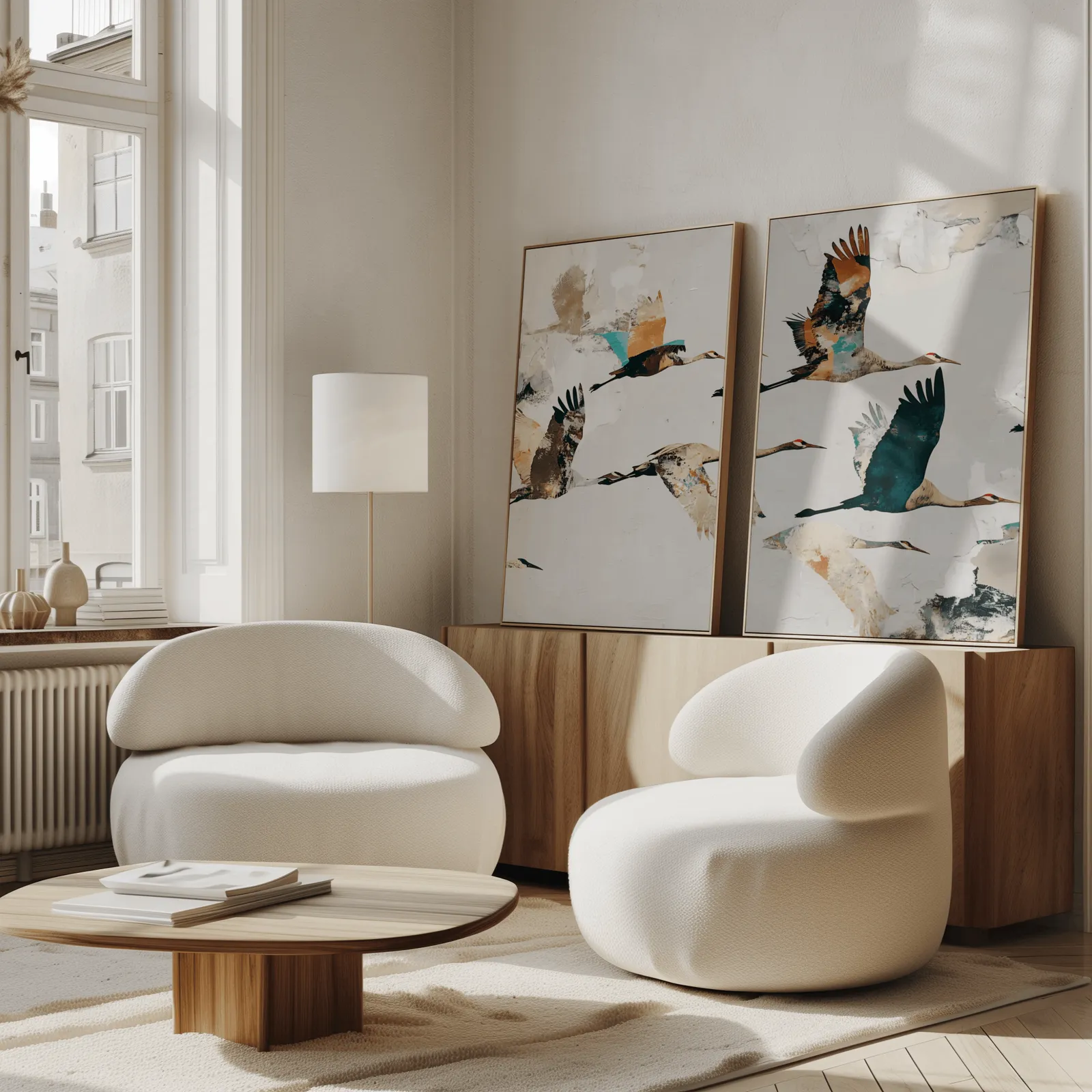 terracotta crane wall art set of two, propped against a wooden sideboard beside boucle armchairs