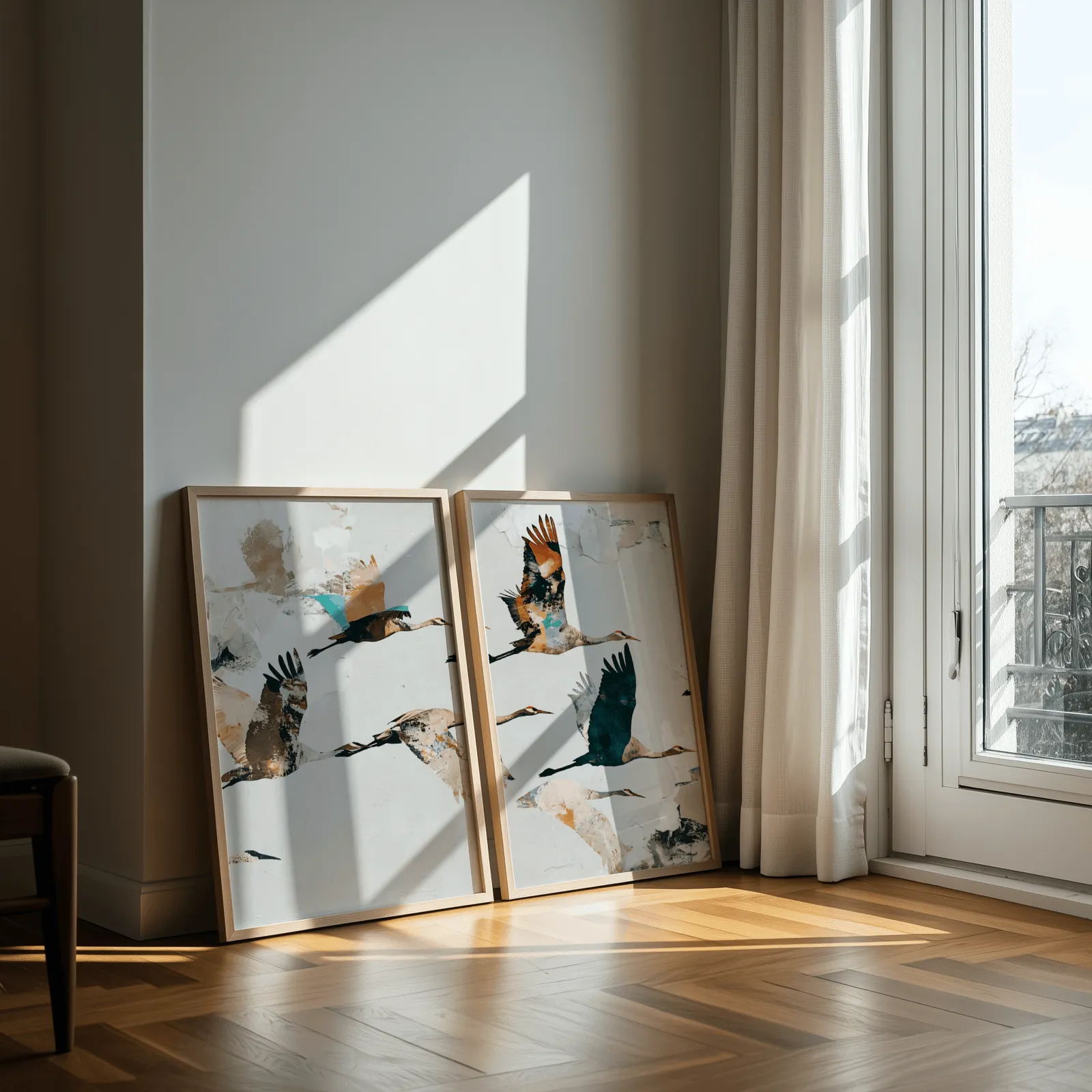 terracotta crane wall art set of two, leaning against a sunlit wall by a curtained balcony door