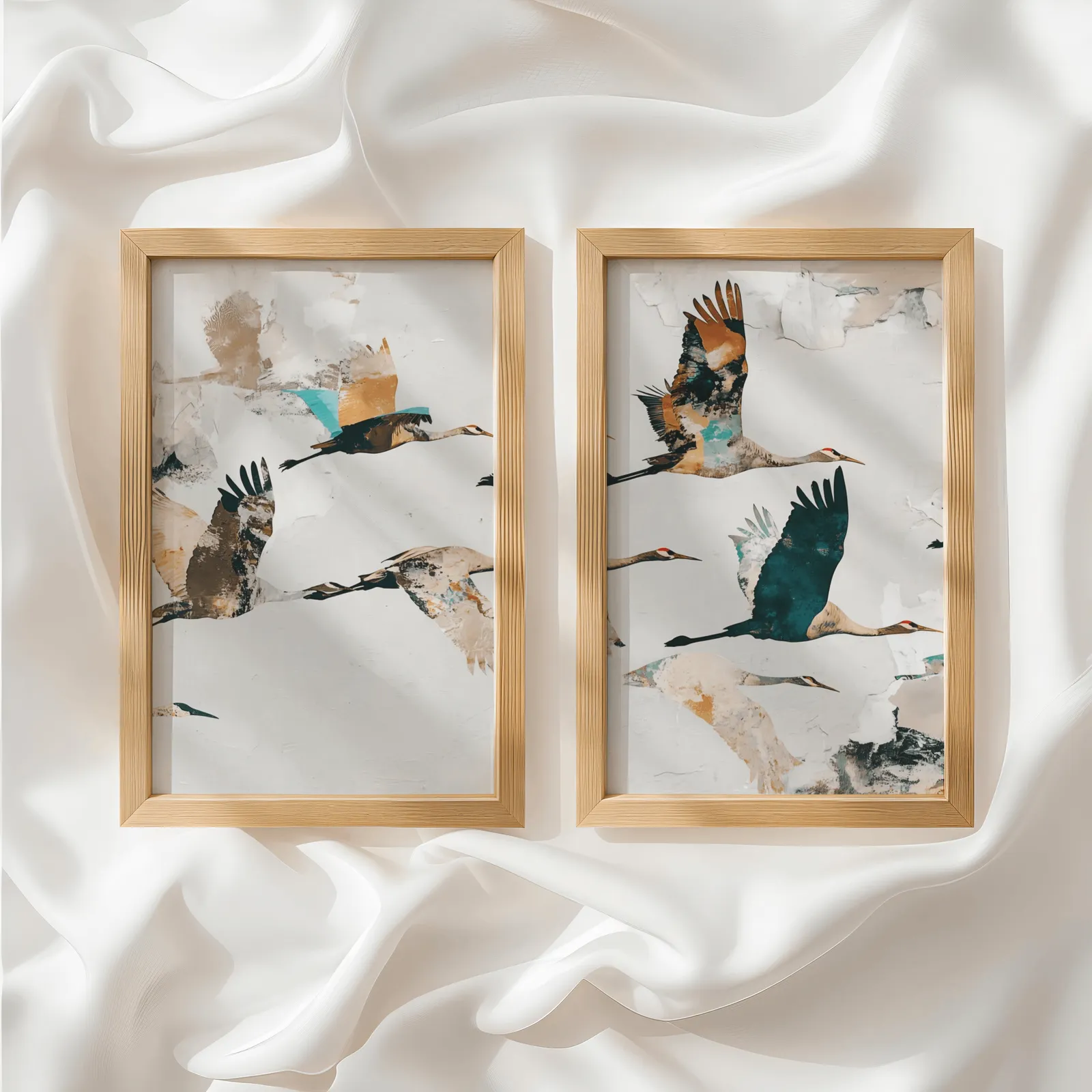 terracotta crane wall art set of two, side by side atop rumpled white silky fabric