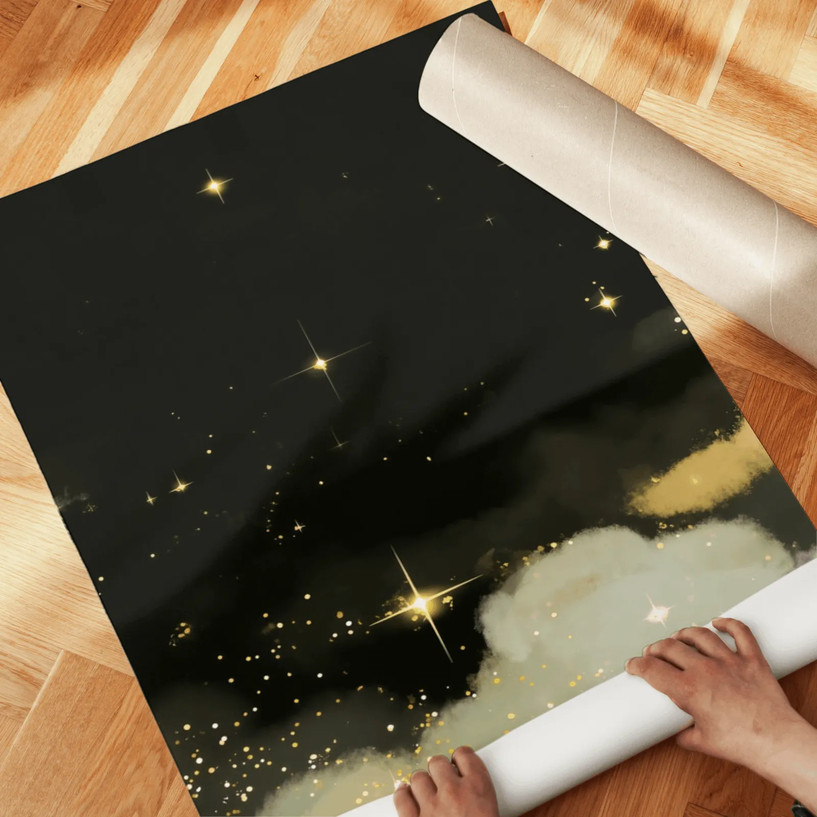 black and gold starry sky triptych wall art, unrolled across a herringbone wood floor by hand