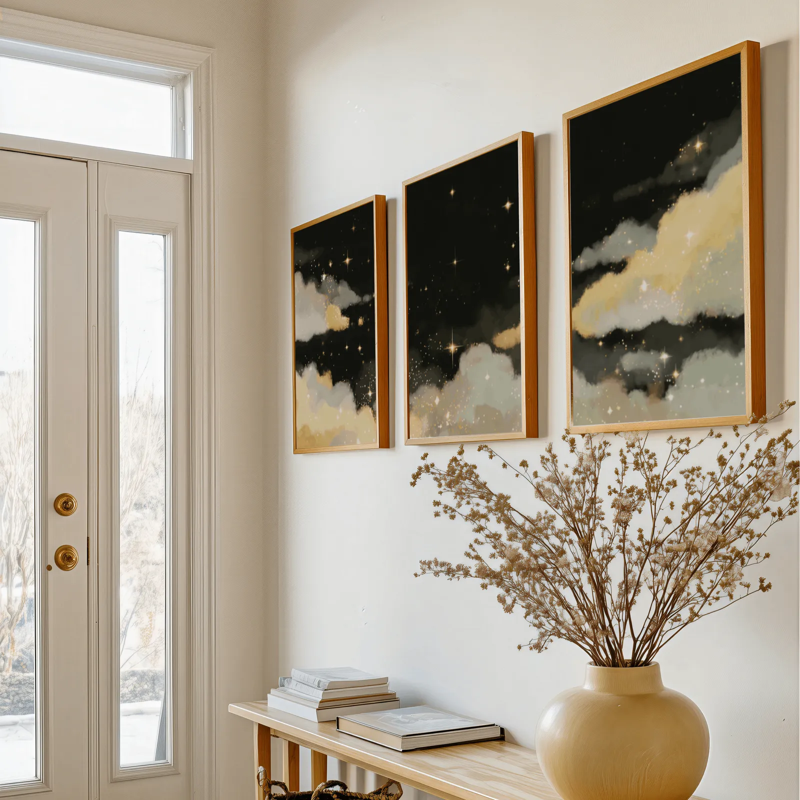 black and gold starry sky triptych wall art, above a console table with a yellow vase of dried branches