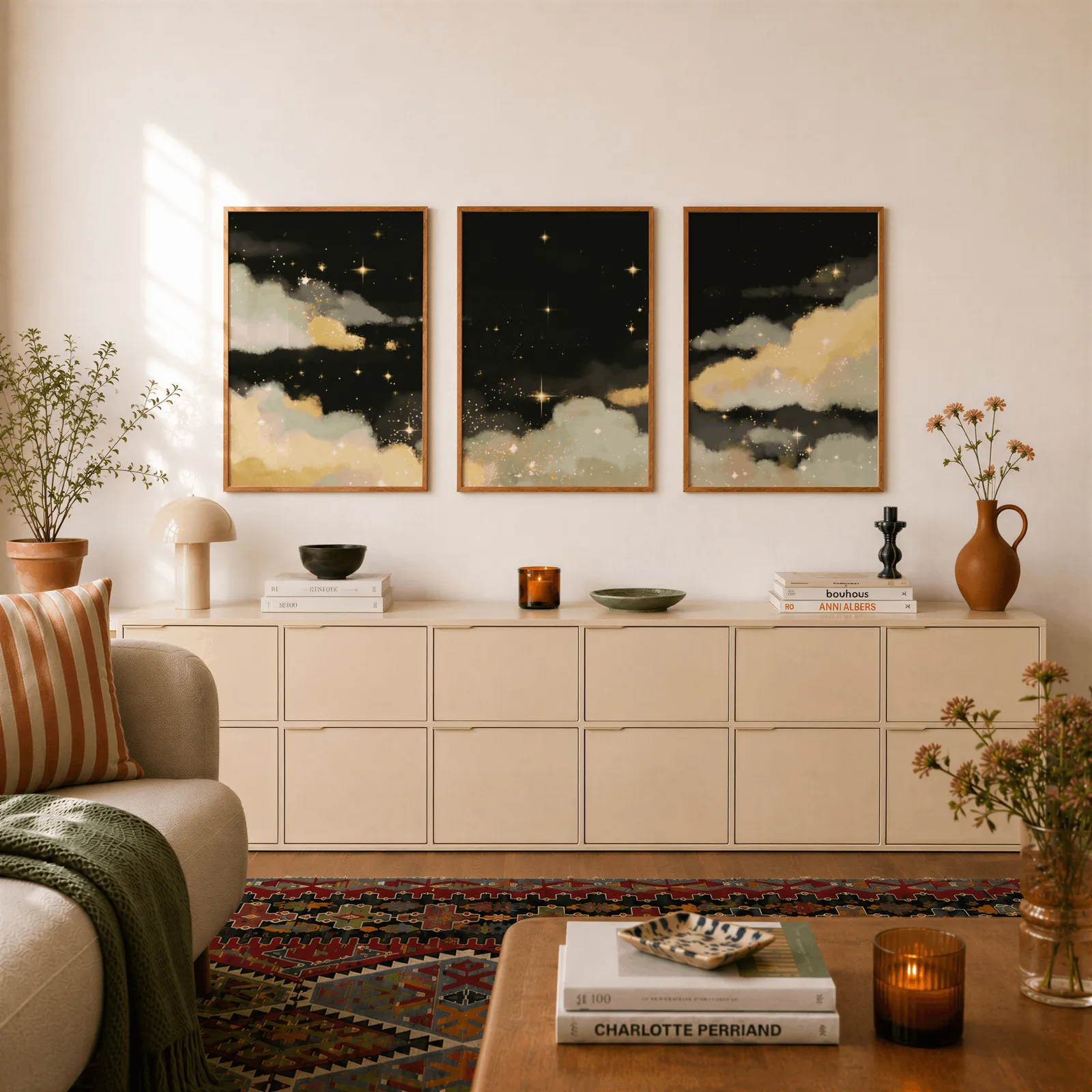 black and gold starry sky triptych wall art, above a long cream sideboard topped with books and a terracotta jug