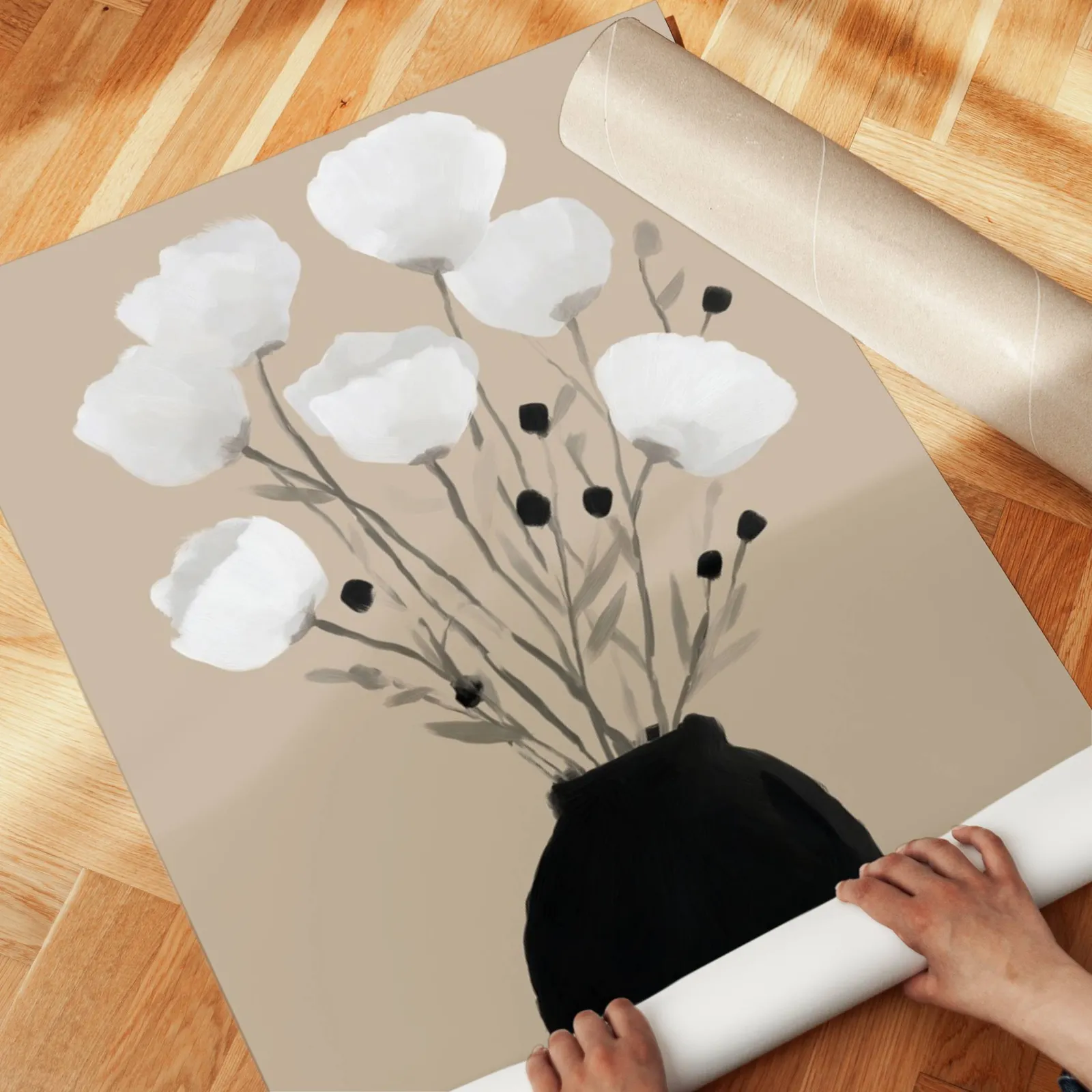 minimalist botanical wall art with black vase and white flowers, unrolled across a herringbone parquet floor by hand