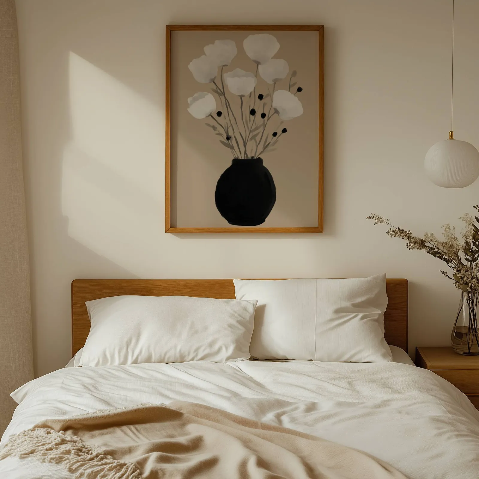 minimalist botanical wall art with black vase and white flowers, above a wooden headboard with white linen pillows