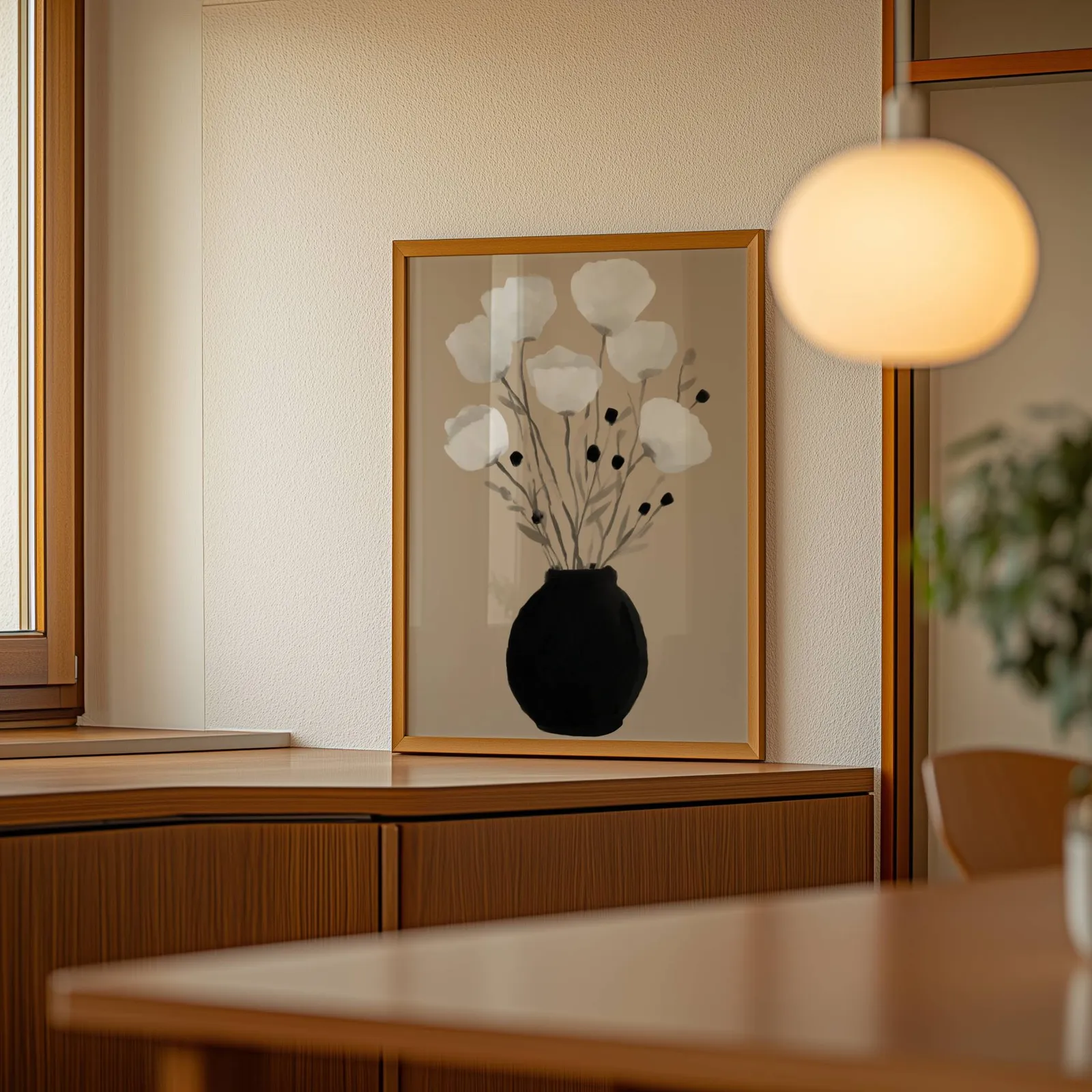 minimalist botanical wall art with black vase and white flowers, leaning on a wooden sideboard beside a glowing globe pendant