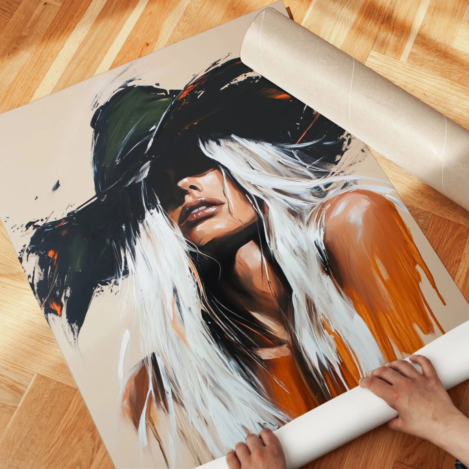 abstract cowgirl wall art in black and orange, unrolled across a herringbone parquet floor by hand