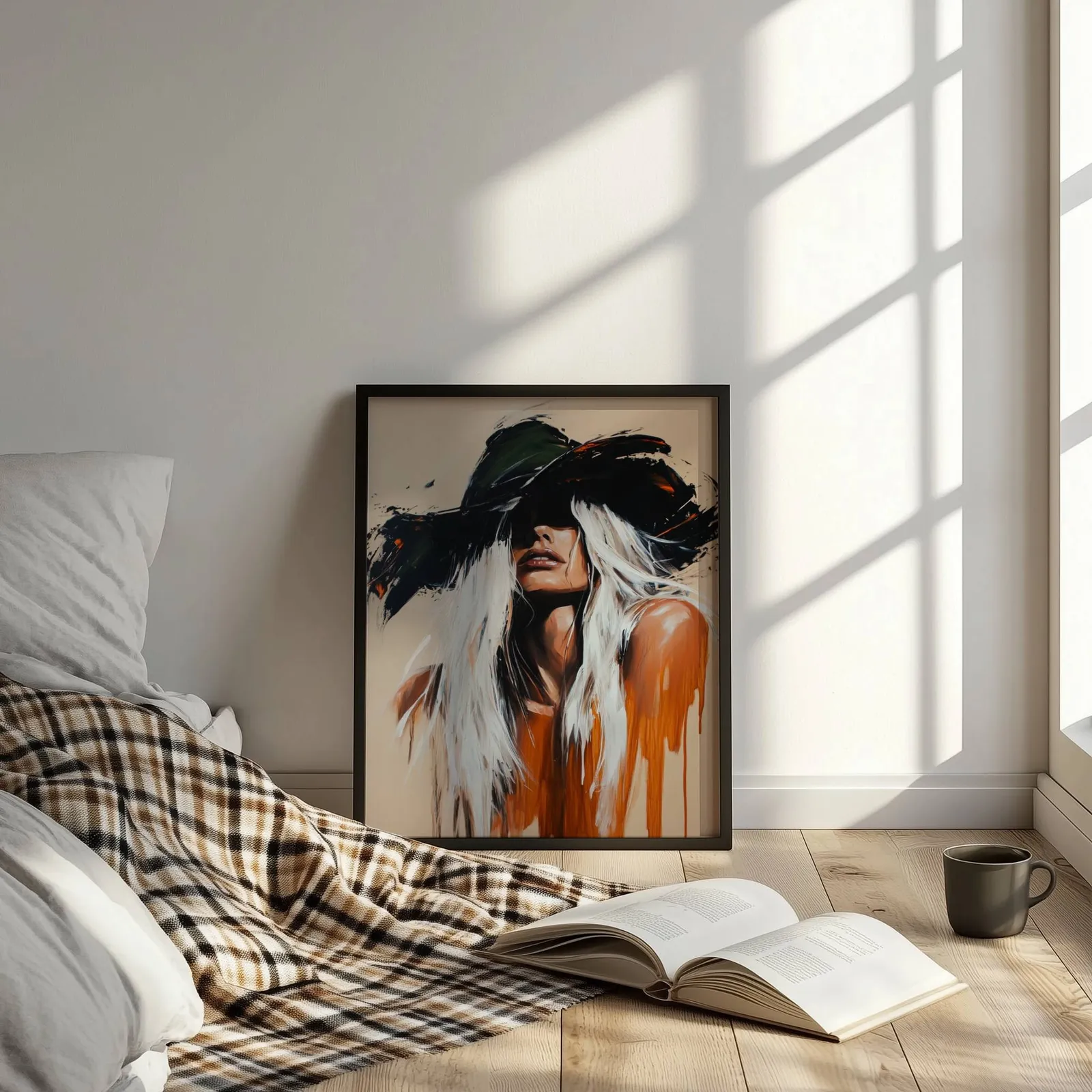 abstract cowgirl wall art in black and orange, leaning on the floor beside a plaid throw and open book