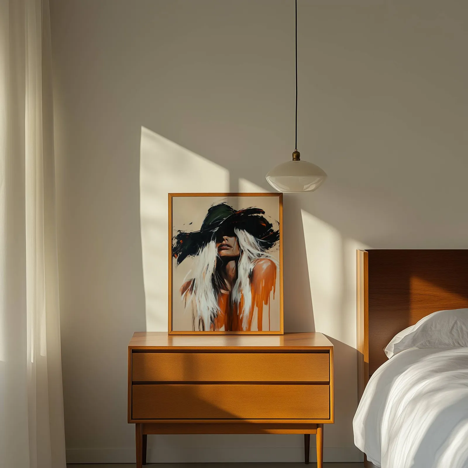 abstract cowgirl wall art in black and orange, propped on a wooden dresser beside a pendant lamp