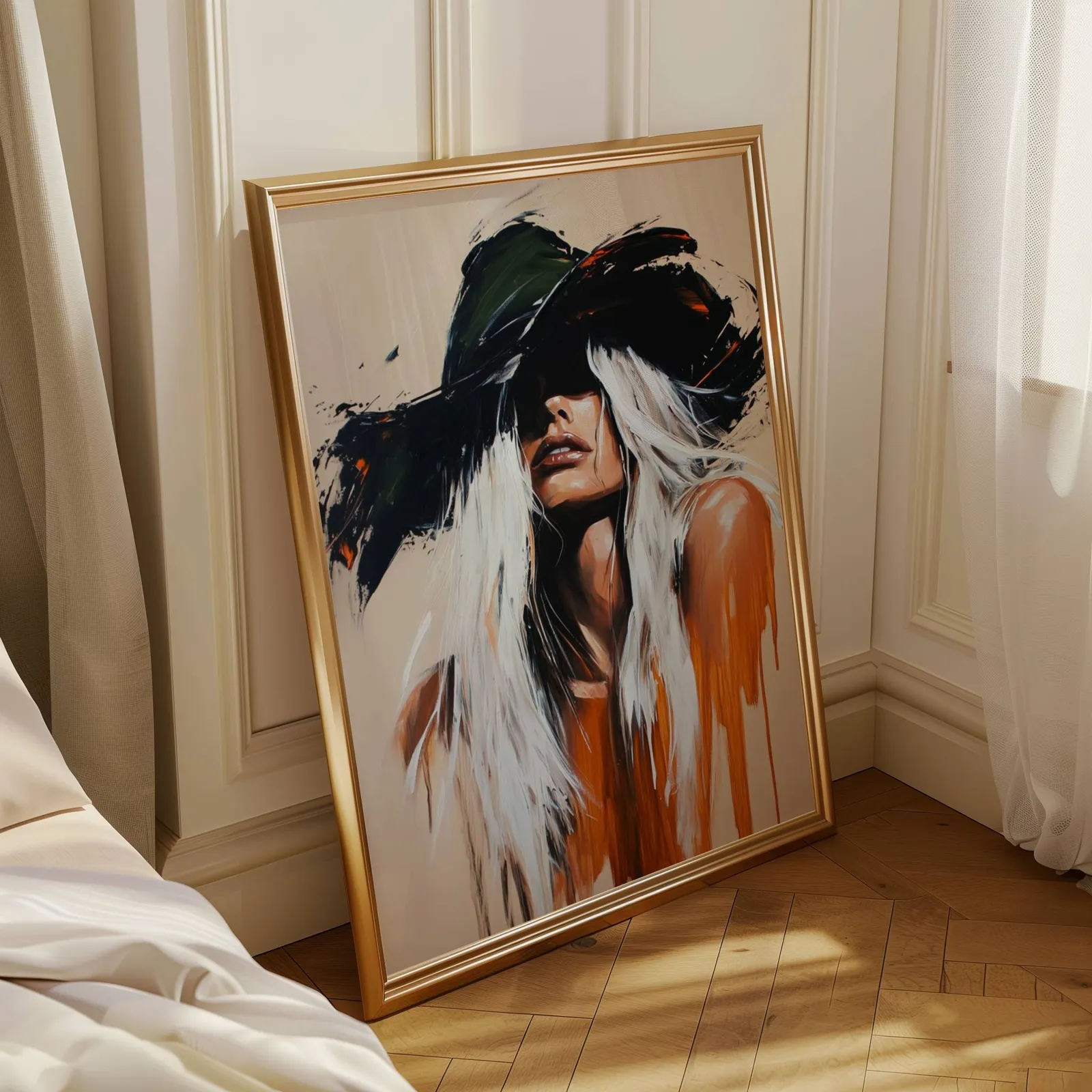 abstract cowgirl wall art in black and orange, leaning in a sunlit corner beside sheer curtains and herringbone floor