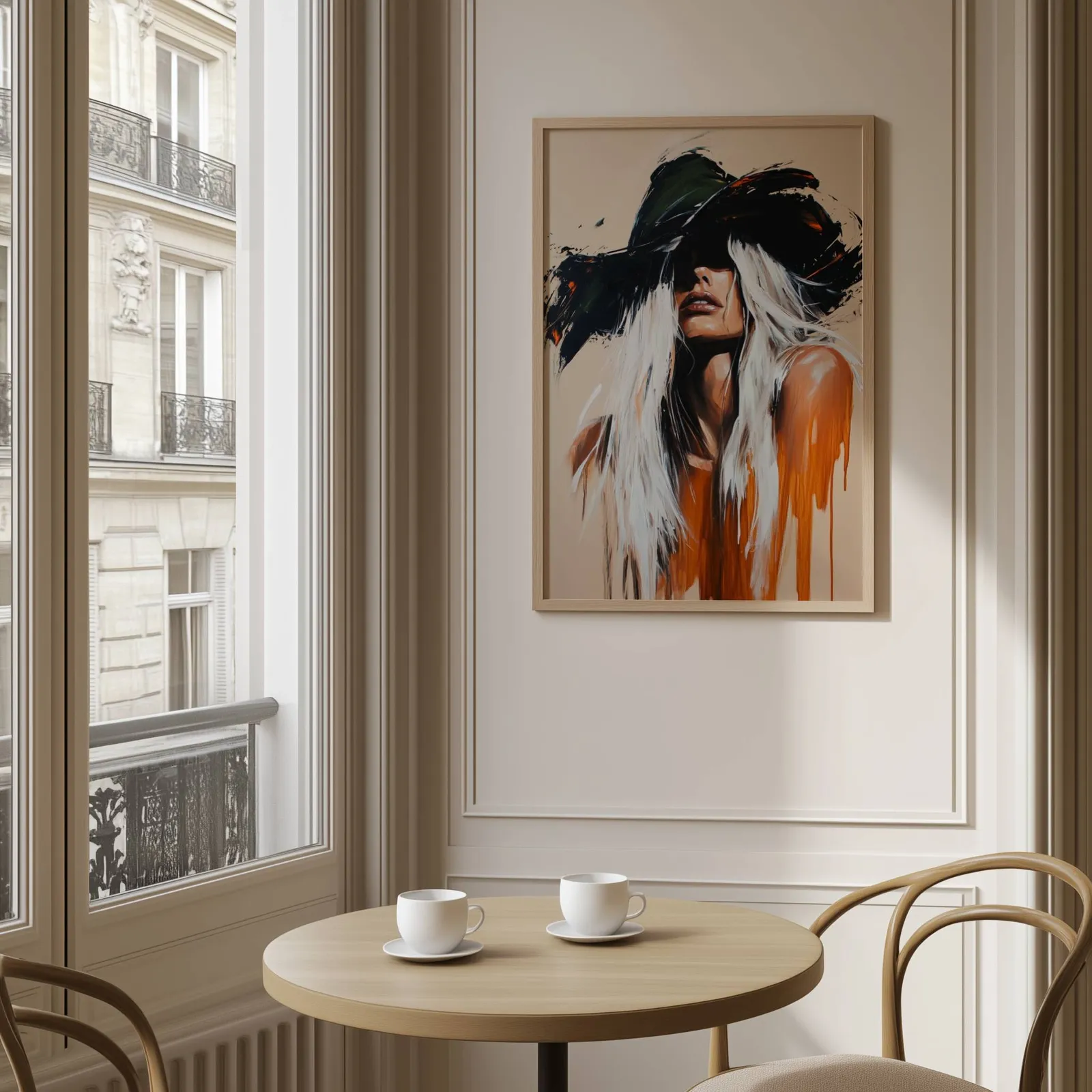 abstract cowgirl wall art in black and orange, above a round café table set with two coffee cups