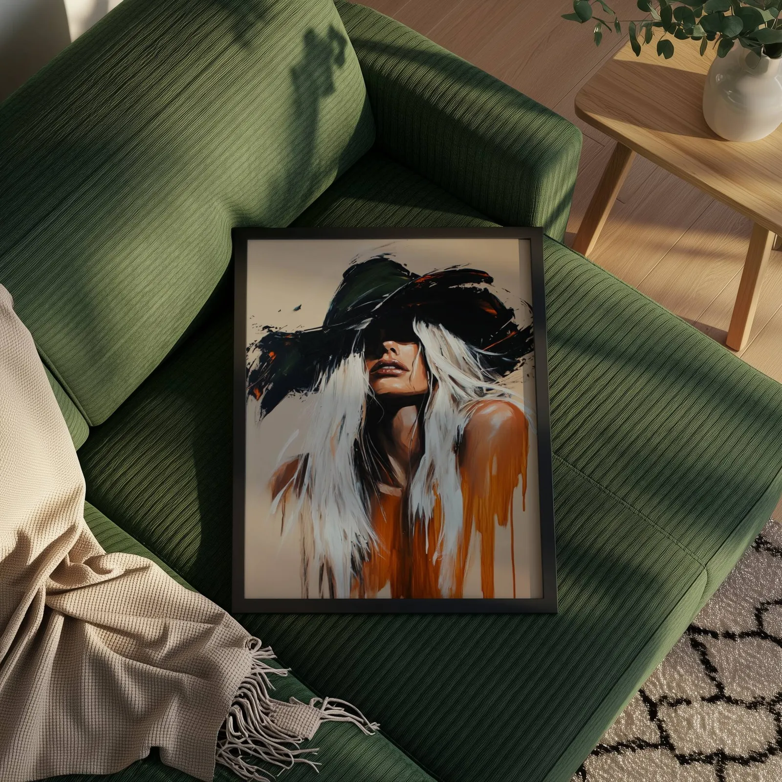 abstract cowgirl wall art in black and orange, propped on a ribbed olive-green sofa beside a fringed throw