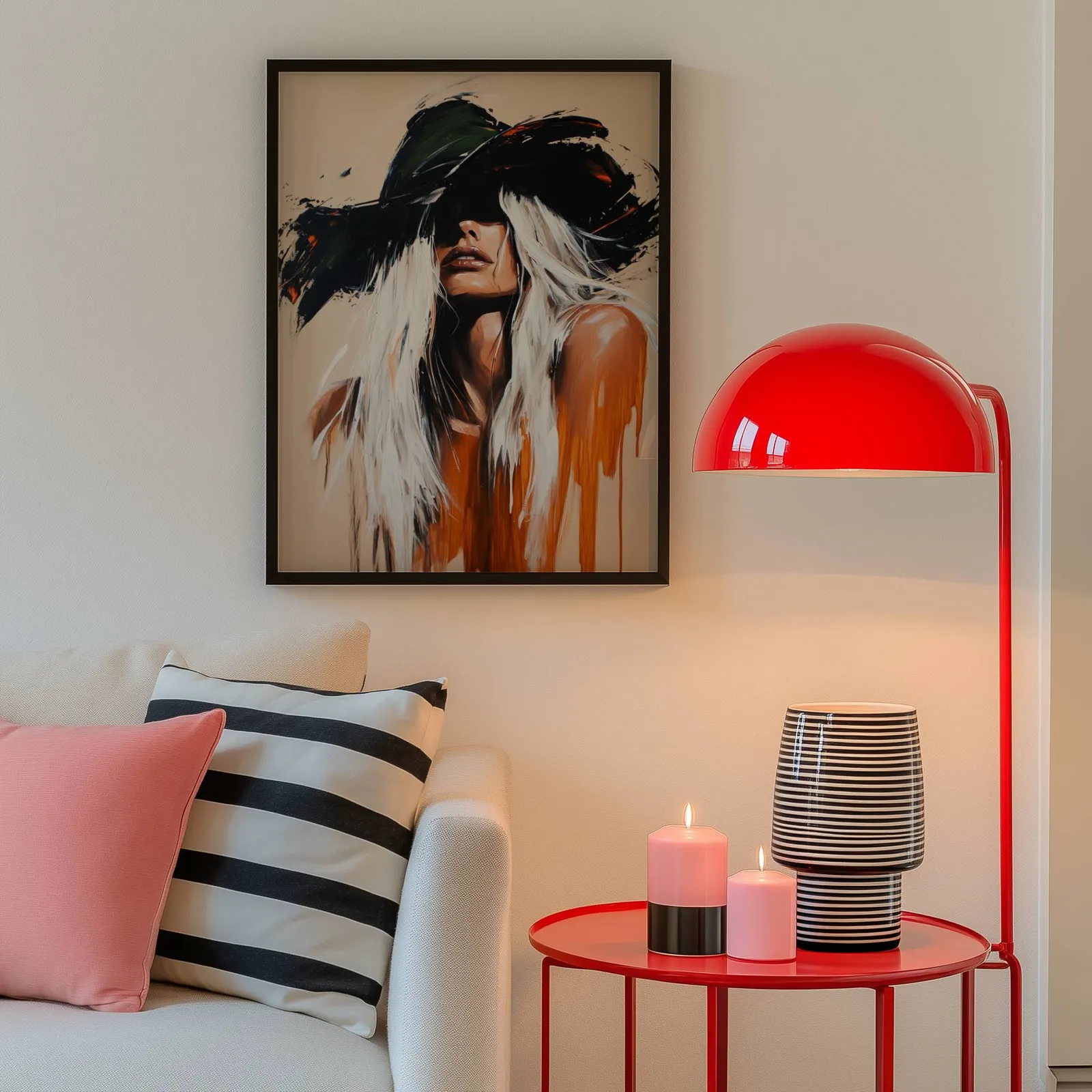abstract cowgirl wall art in black and orange, above a cream sofa beside a glossy red dome lamp