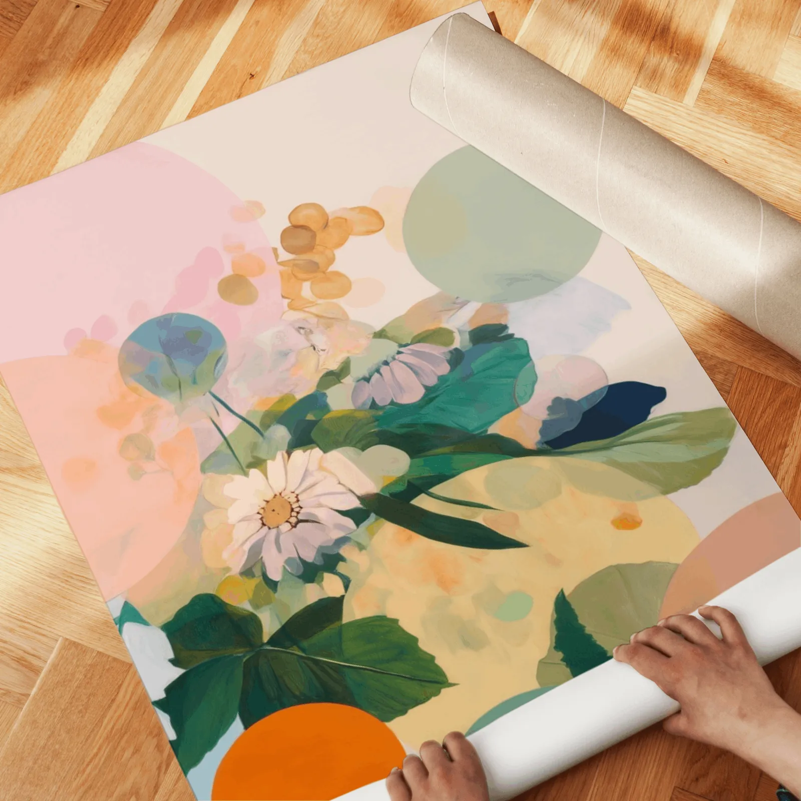 colorful floral abstract wall art set of 2, unrolled across a herringbone parquet floor by hand