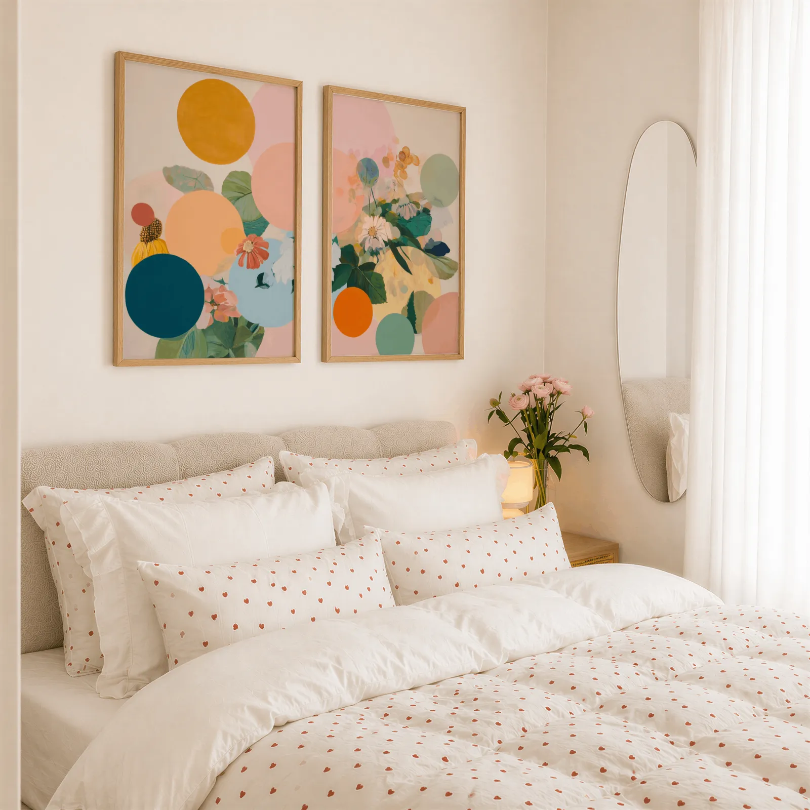 colorful floral abstract wall art set of 2, above a tufted headboard piled with heart-print pillows