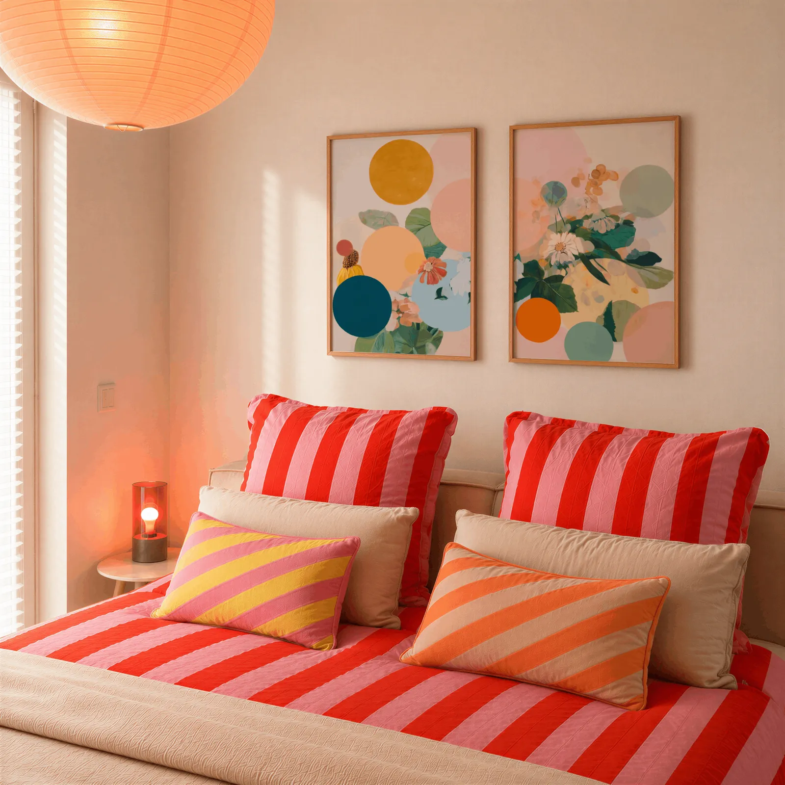 colorful floral abstract wall art set of 2, above a bed piled with red and pink striped pillows