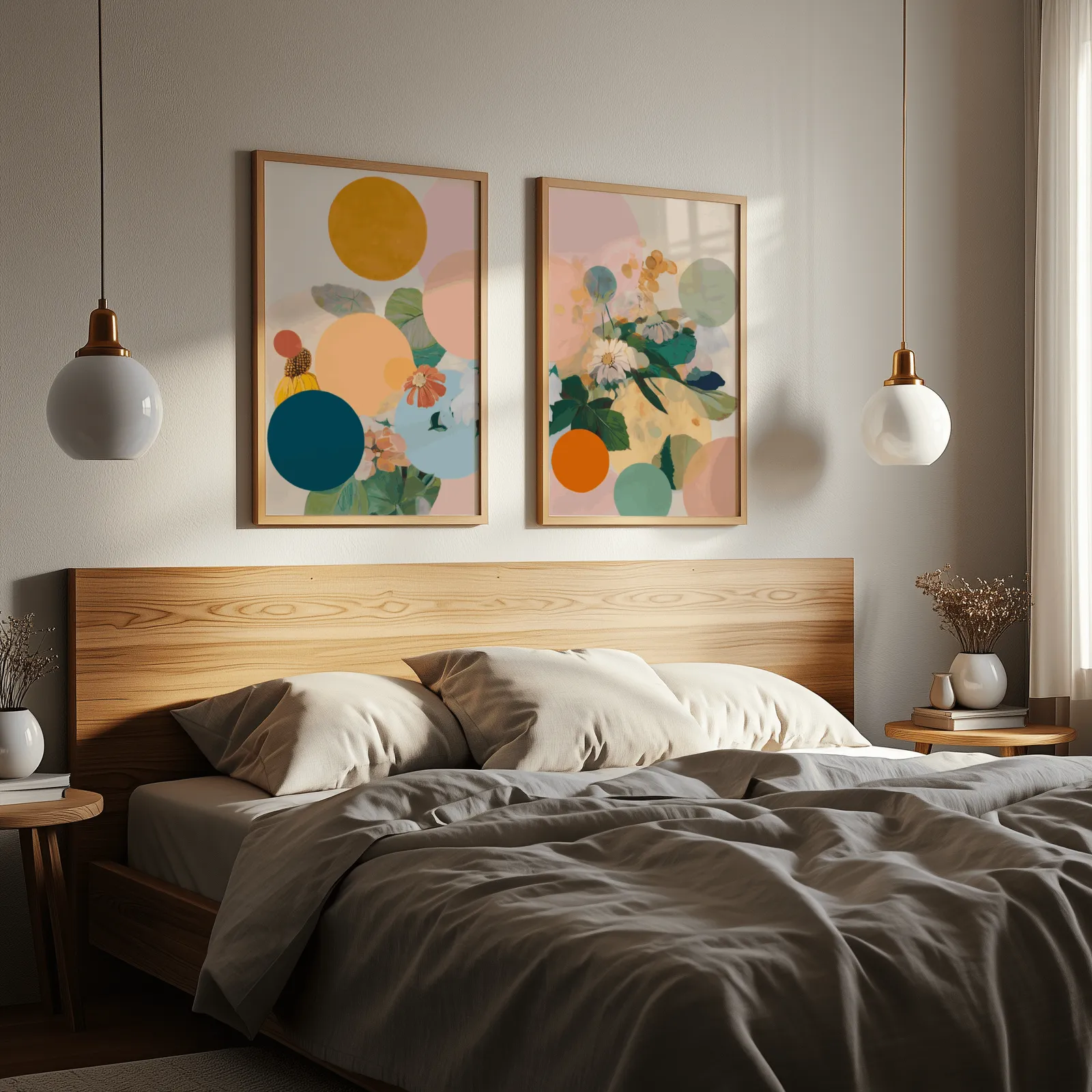 colorful floral abstract wall art set of 2, above a wooden headboard flanked by globe pendant lights