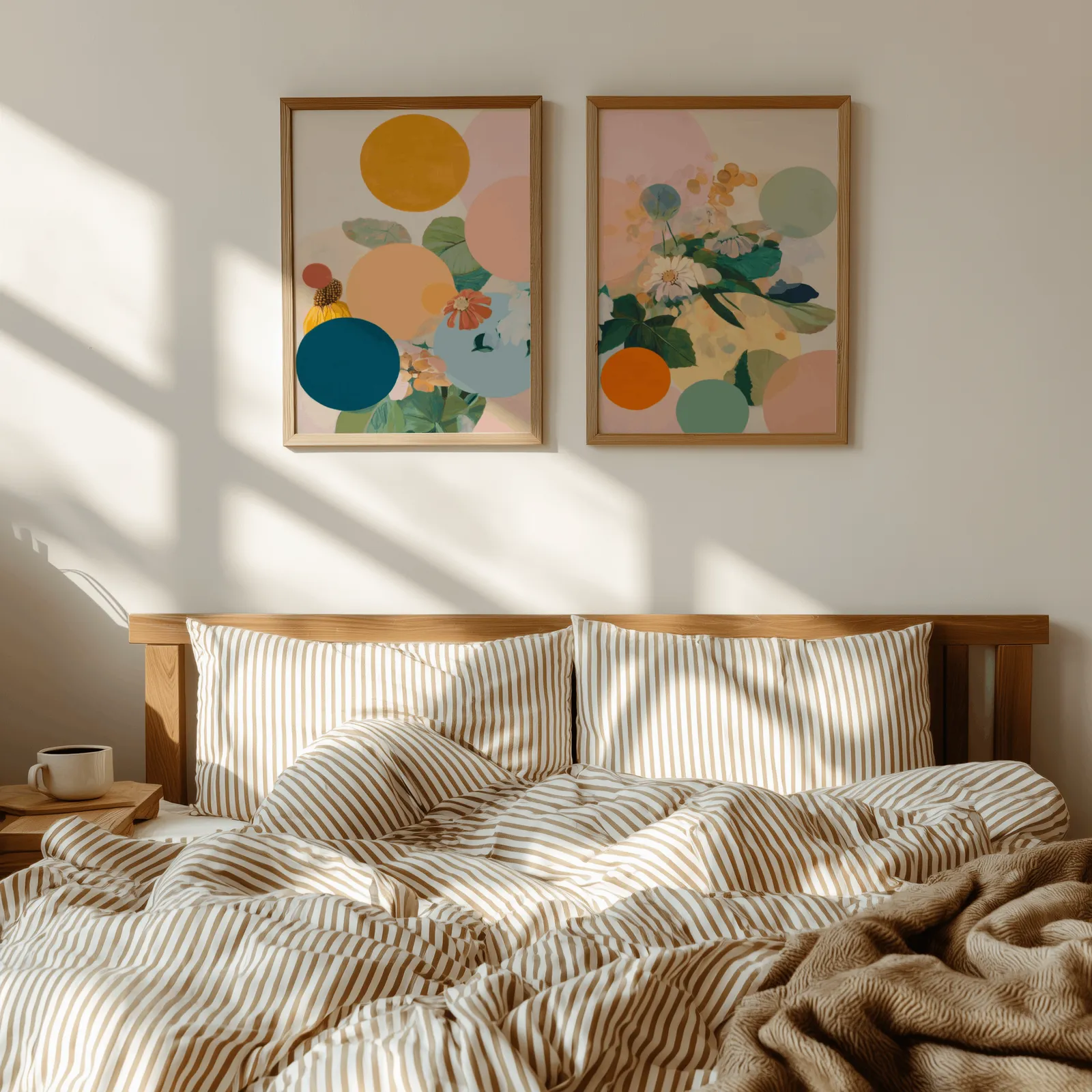 colorful floral abstract wall art set of 2, above a wooden headboard with striped bedding and raking sunlight